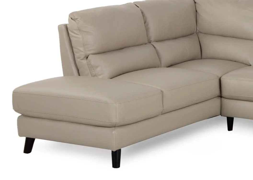 A light grey leather RAF corner chaise from EZ Livings Alfredo range. Front view of dark feet