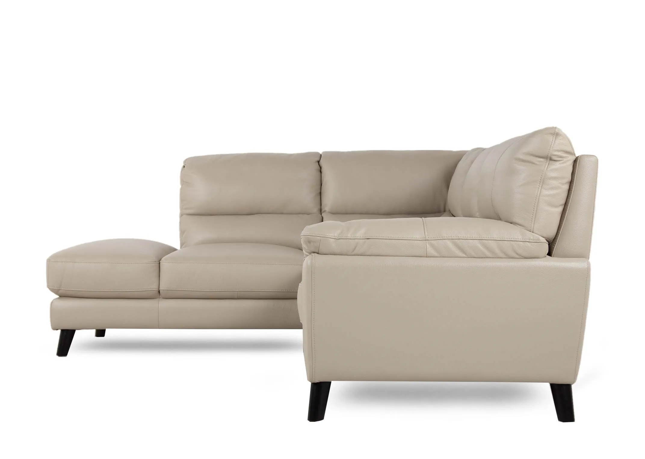 A light grey leather RAF corner chaise from EZ Livings Alfredo range. Back view of warrantied frame