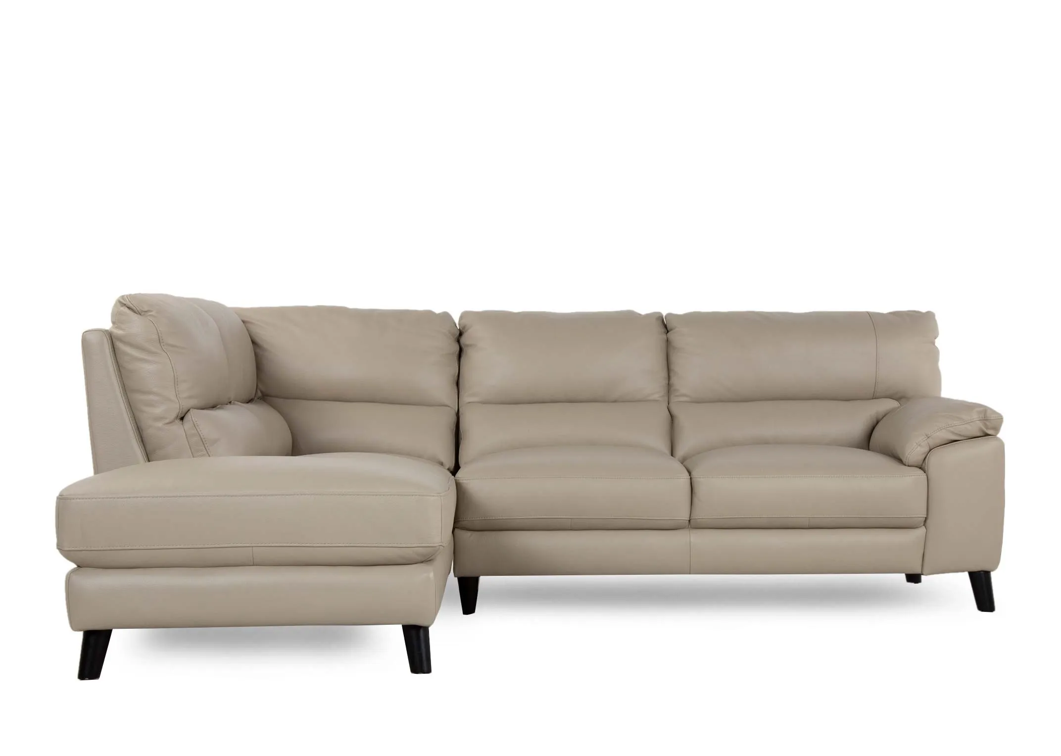 A light grey leather RAF corner chaise from EZ Livings Alfredo range. Side view of padded cushions