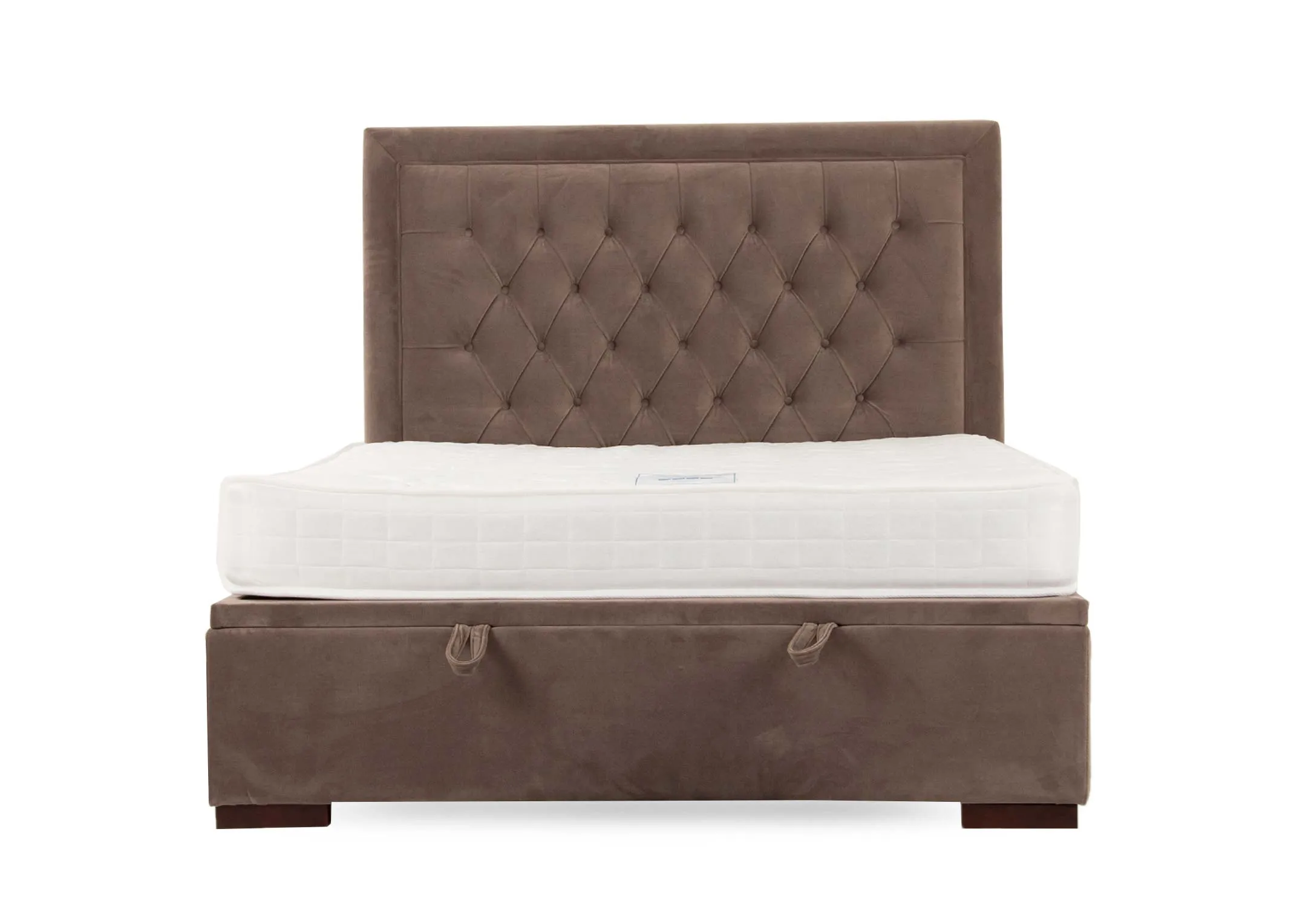 A taupe velvet ottoman bed with tufted high headboard from EZ Livings Majestic range. Front view of handles at base for supporting lift to access storage
