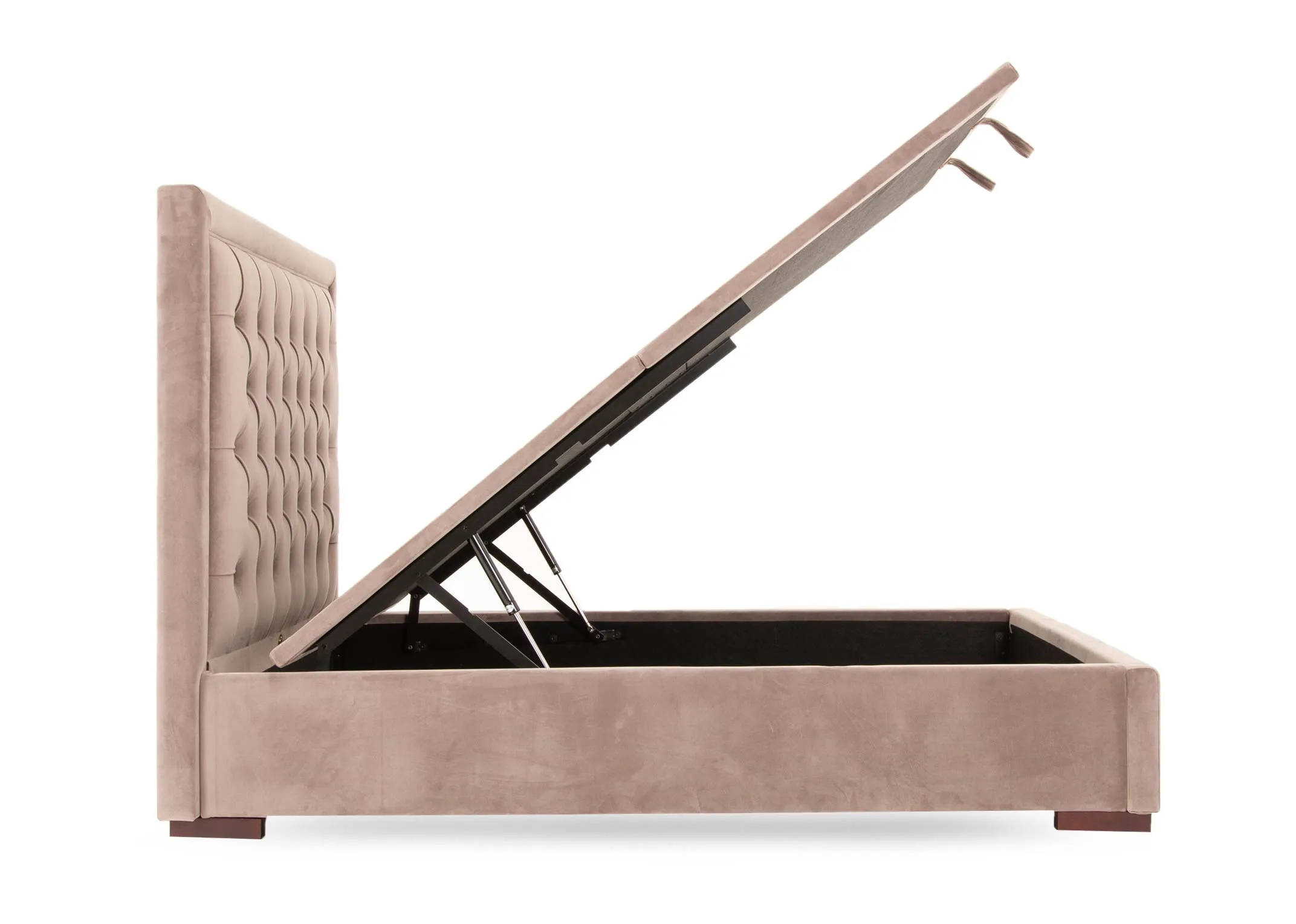 A taupe velvet ottoman bed with tufted high headboard from EZ Livings Majestic range. Side view