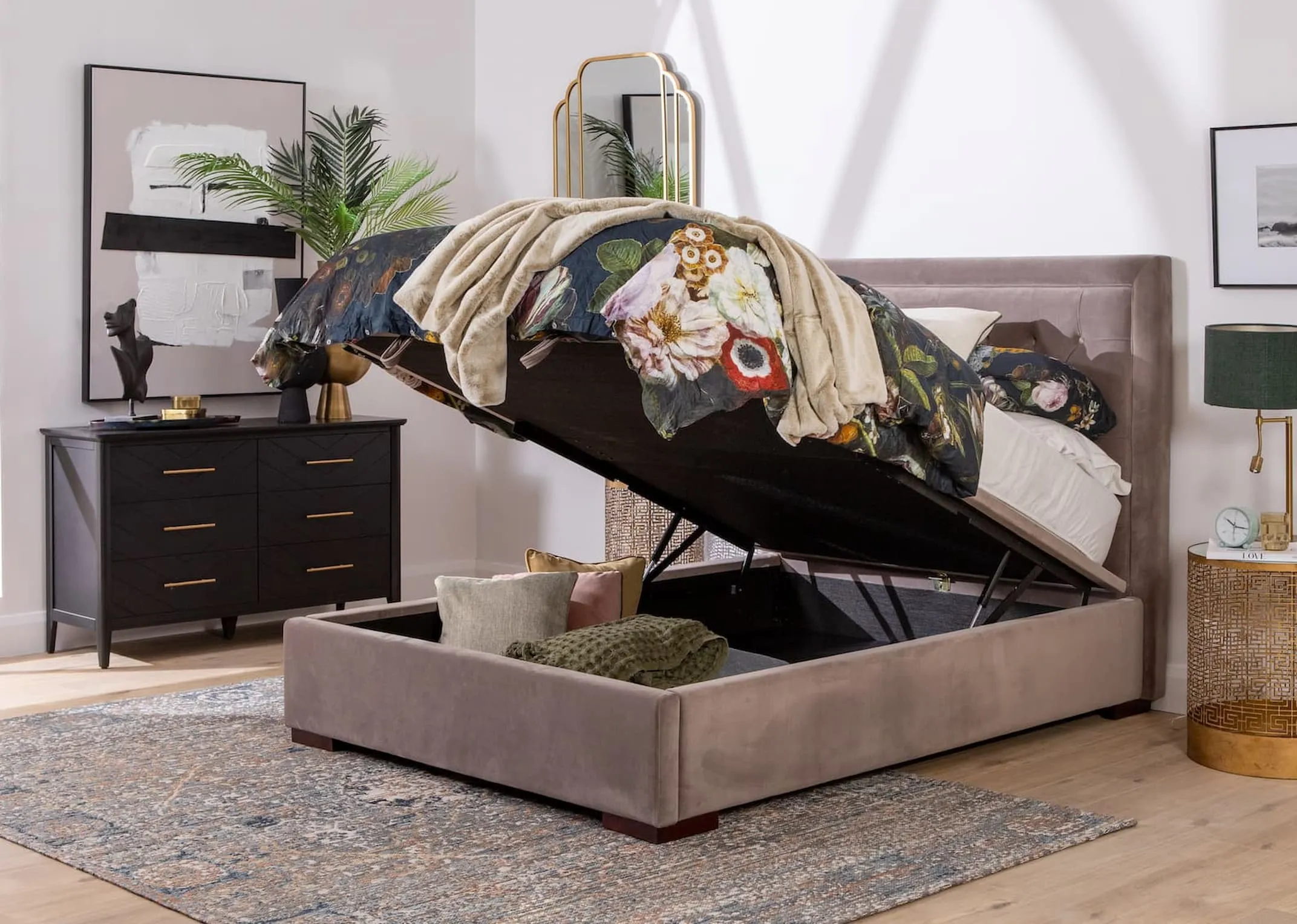 Double (4ft 6) Taupe Velvet Ottoman Bed - Majestic