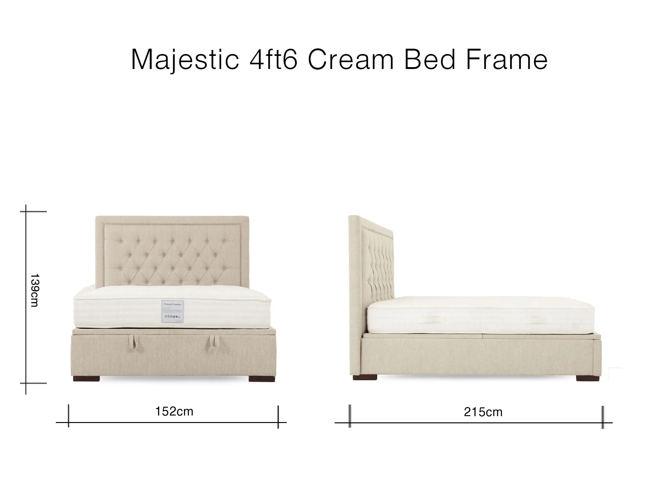 A dimension image of the Majestic Cream Ottoman with 152cm x 215 x 139cm