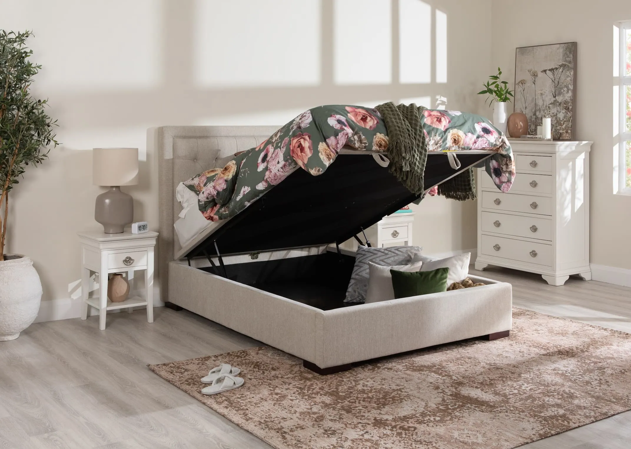 A 5ft cream fabric ottoman bed from EZ Livings Majestic range. Closeup of fabric texture