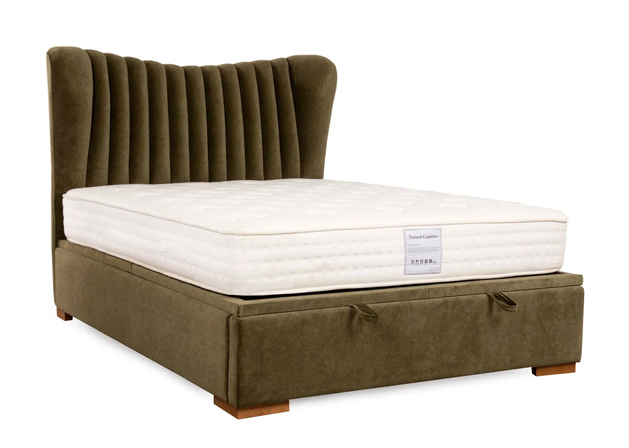 A 4ft6 green velvet ottoman bed from EZ Livings Robin range. Angled view of bed with mattress
