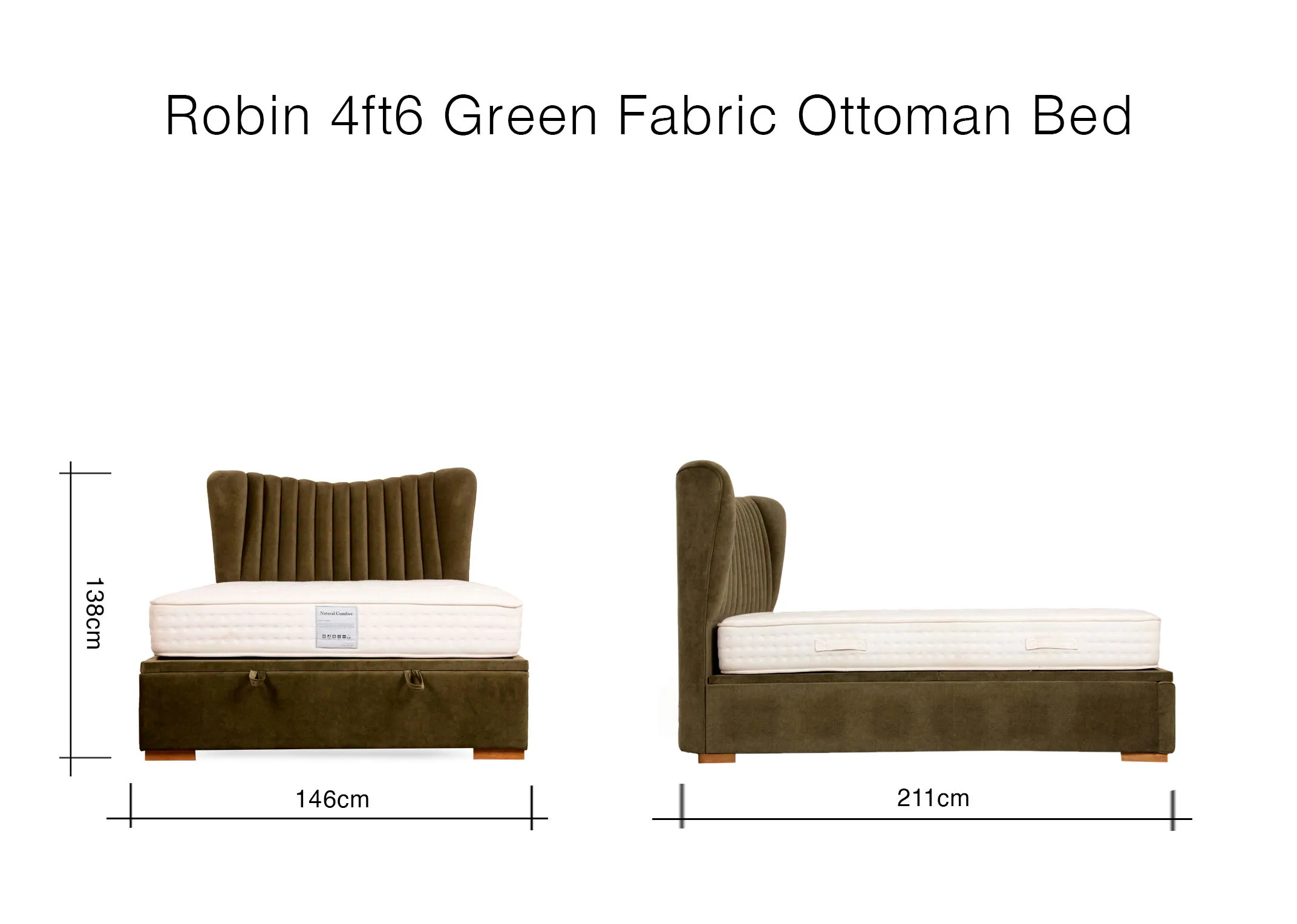 A dimension image of the Robin 4ft6 Green Fabric Ottoman Bed with 148cm x 211cm x 138cm