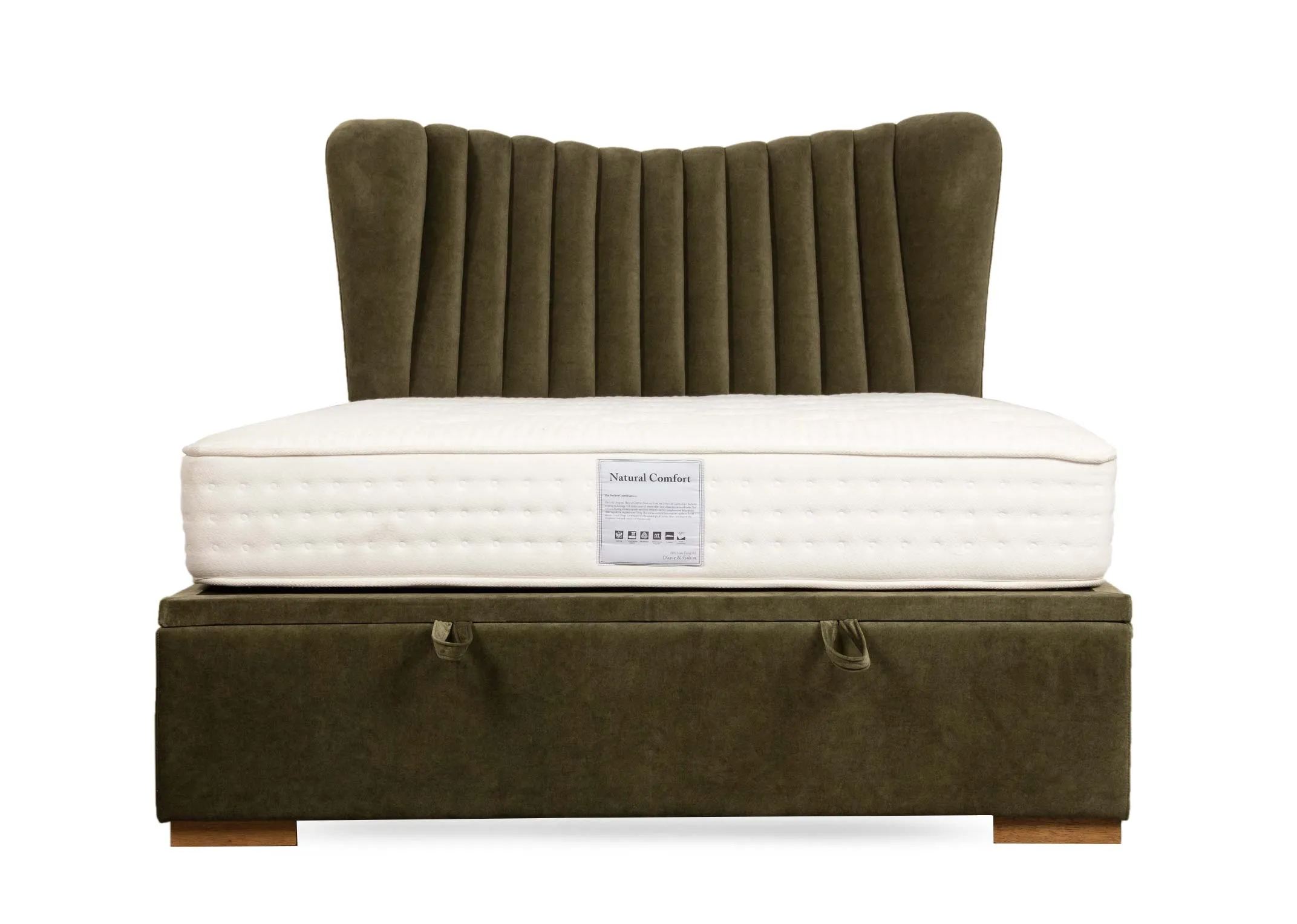 A 4ft6 green velvet ottoman bed from EZ Livings Robin range. End view of high bed and high headboard with seamed padded.