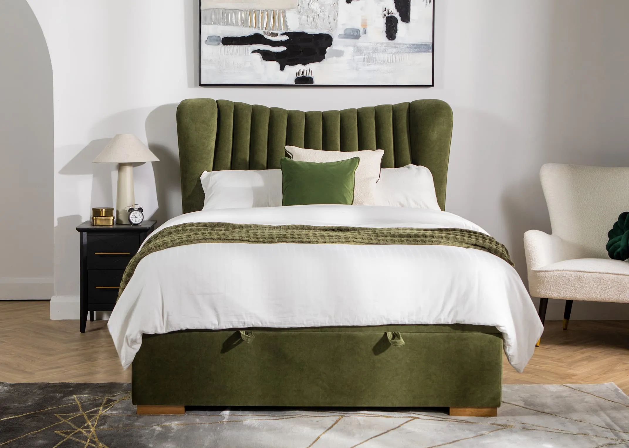 King Size (5ft) Green Velvet Ottoman Bed - Robin