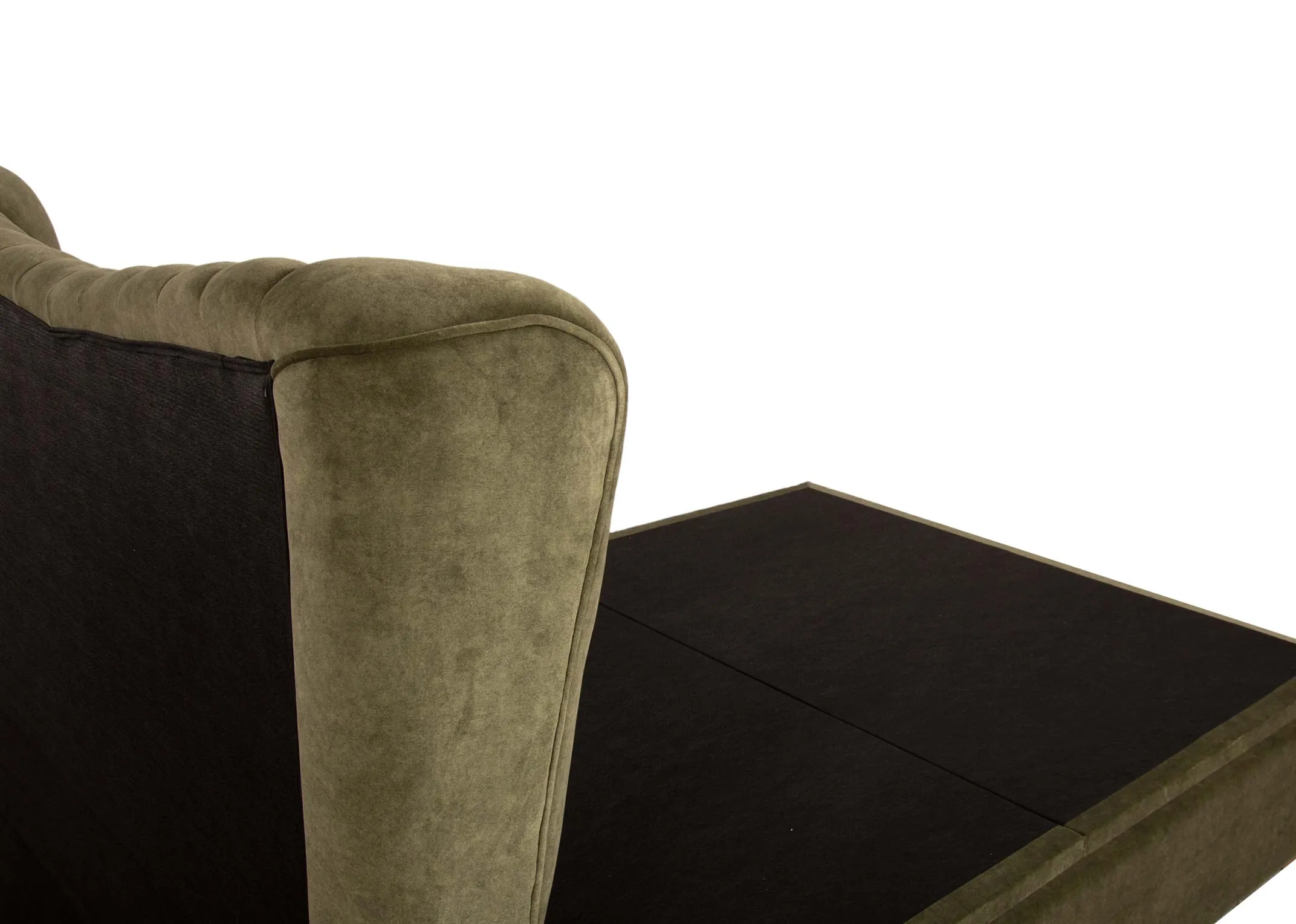 A 6ft super king size green velvet ottoman bed from EZ Livings Robin range. Side view of opened and hinged ottoman bed revealing storage space