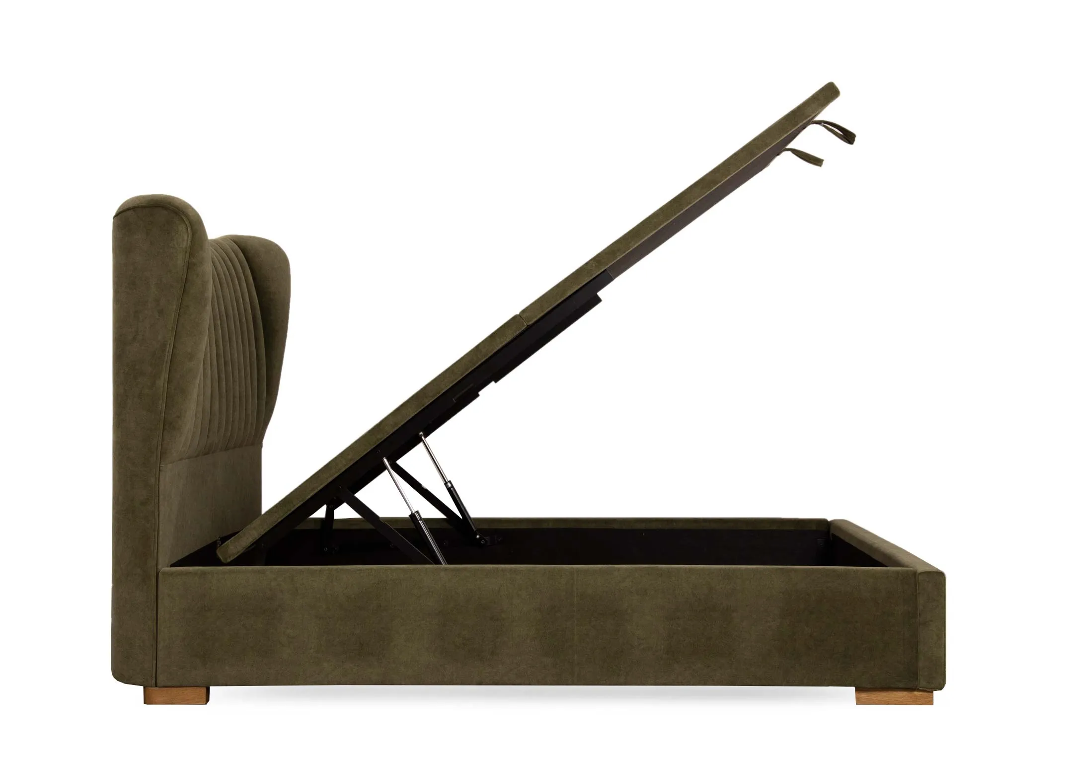 A 6ft super king size green velvet ottoman bed from EZ Livings Robin range. Closeup of hinged function for the pop up ottoman