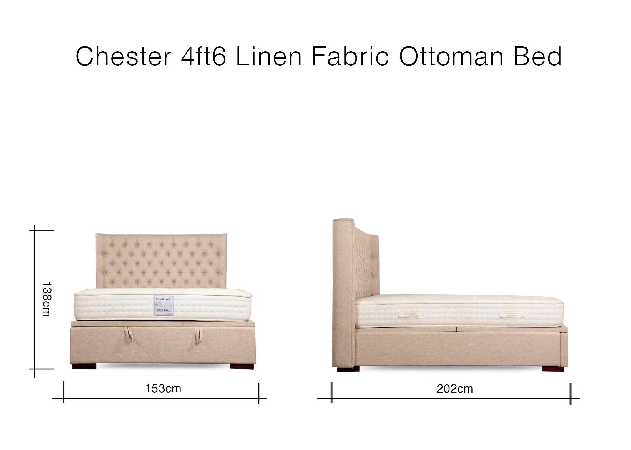 A dimension image of the Chester 4ft6 Ottoman with 153cm x 202cm x 138cm