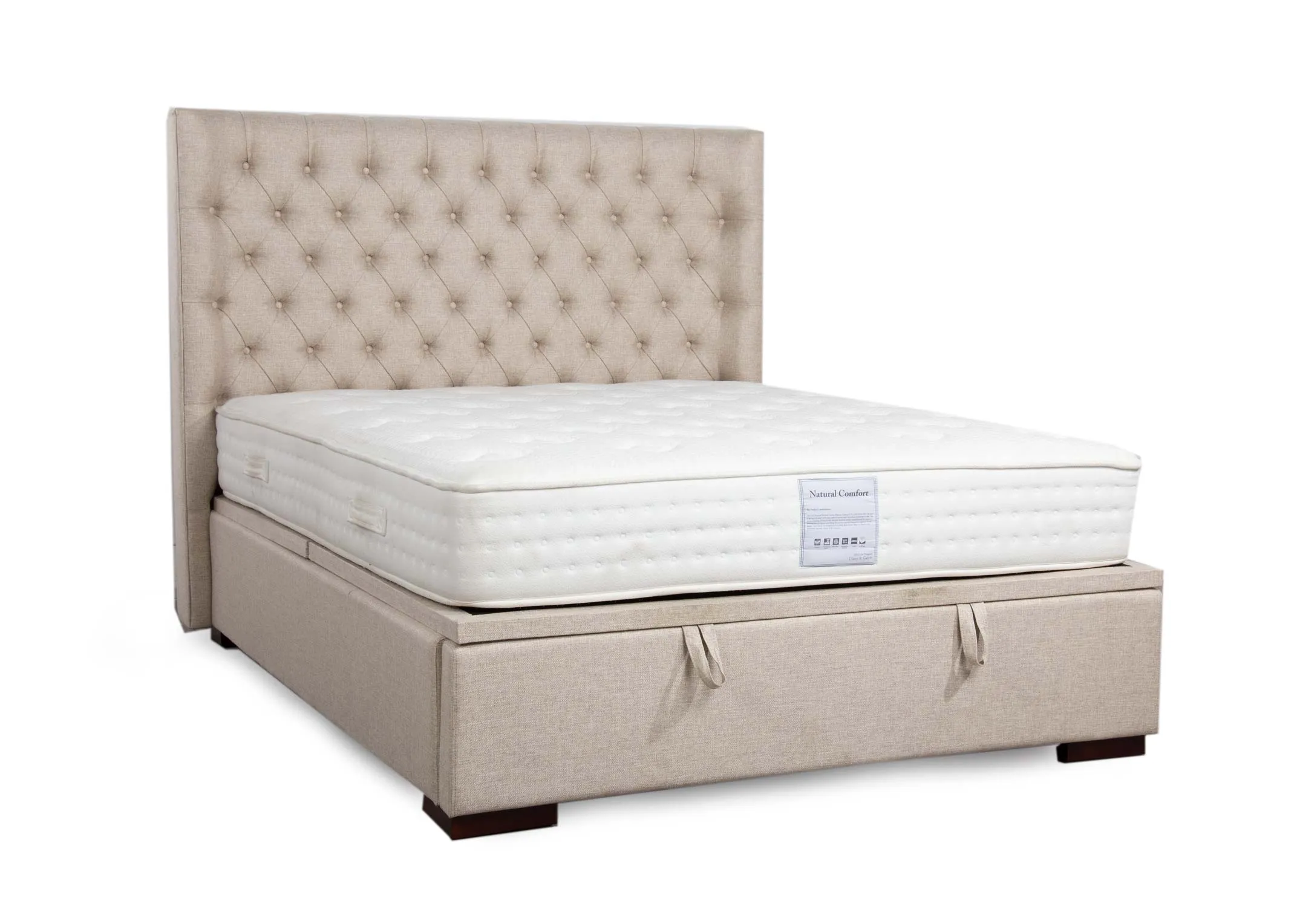 A 4ft 6 double beige linen fabric ottoman from EZ Livings Chester range. Angled view of bed closed with mattress