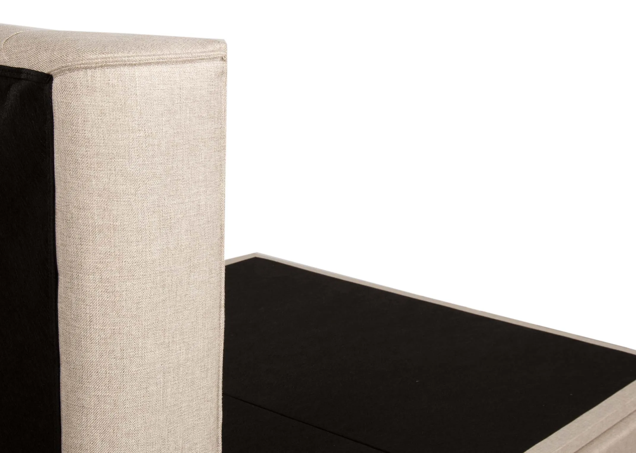 A 4ft 6 double beige linen fabric ottoman from EZ Livings Chester range. View from end of bed shows high tufted button detail headboard