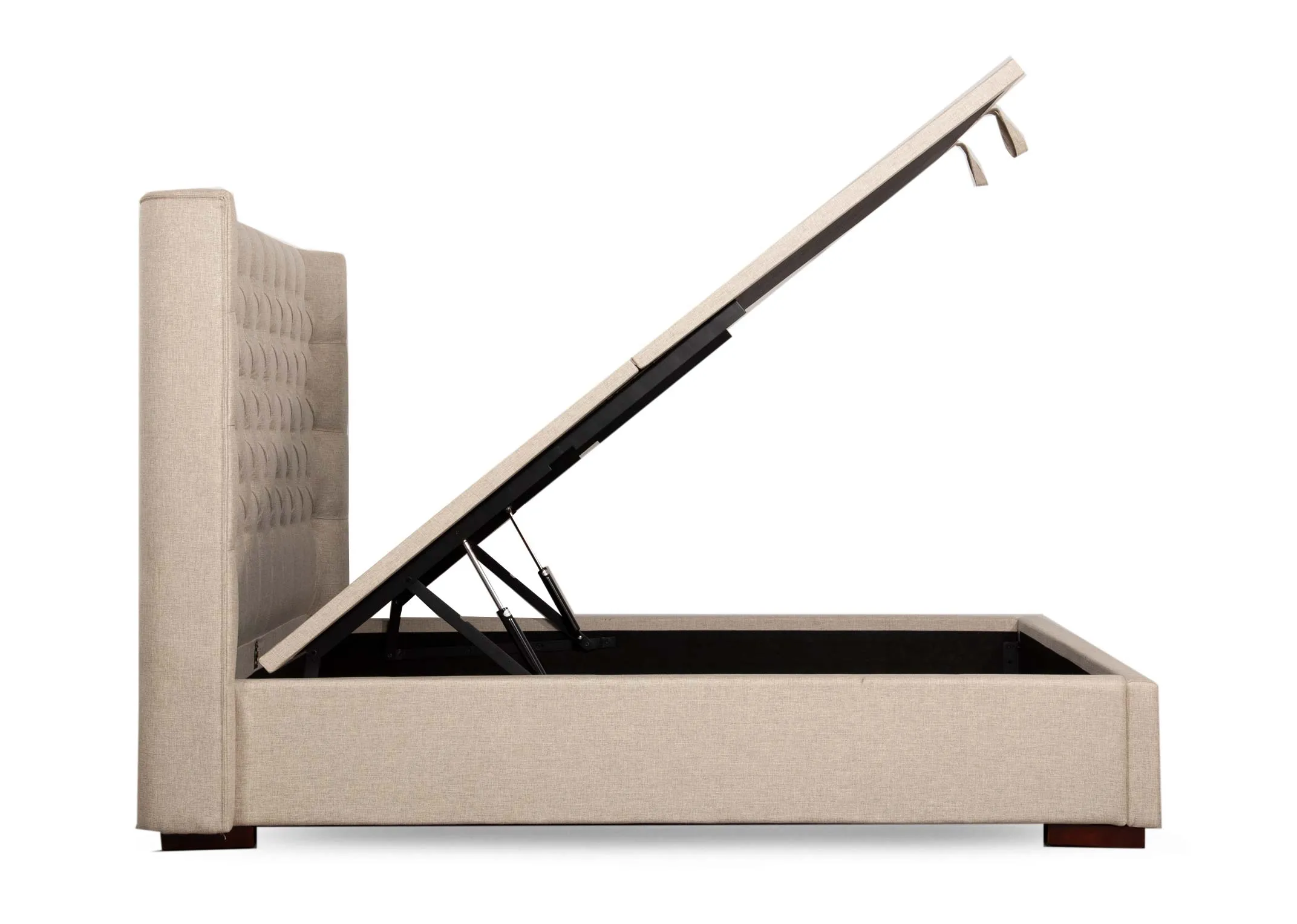 A 5ft king size beige linen fabric ottoman from EZ Livings Chester range. Closeup of hinged bed