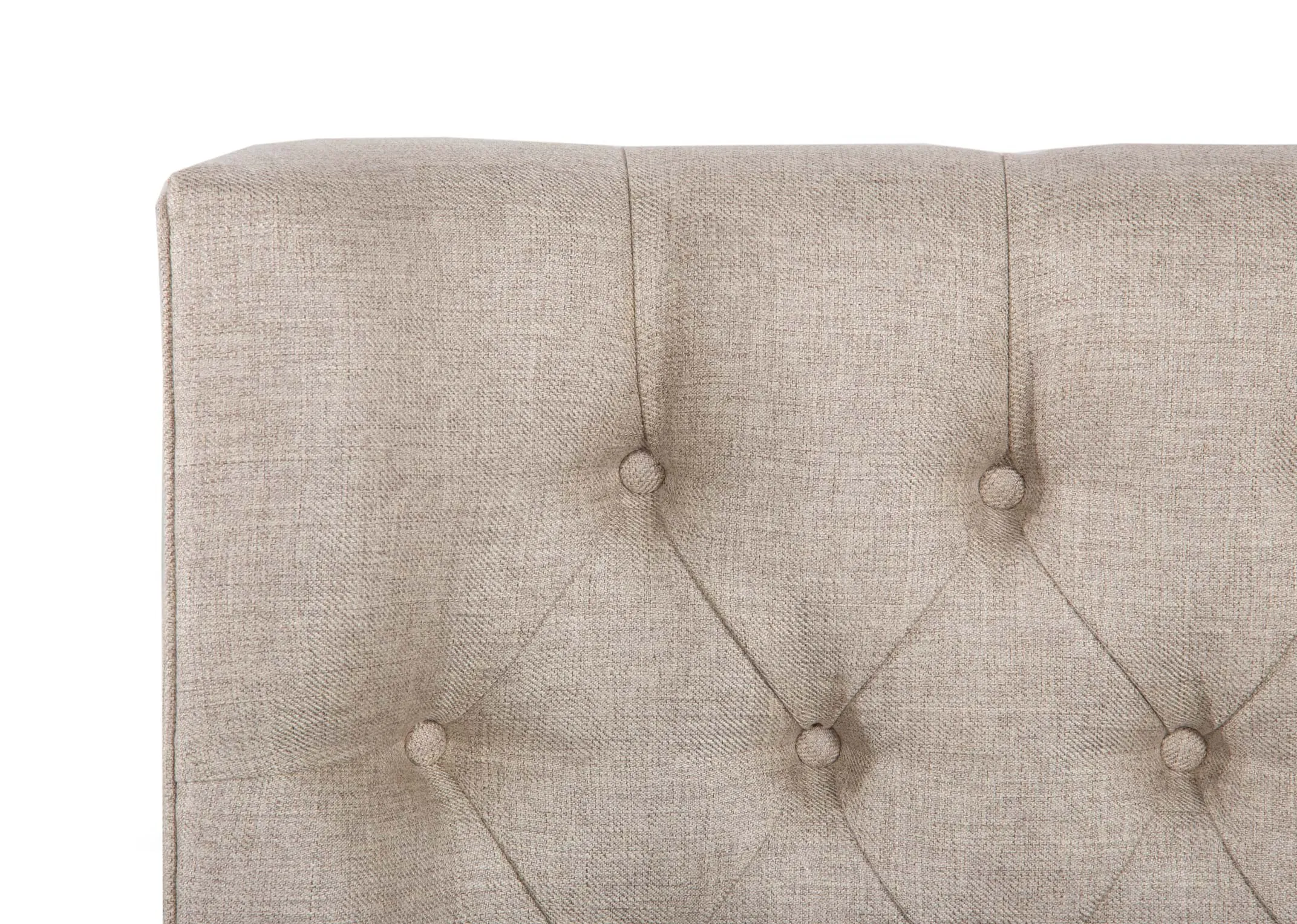 A 6ft super king size beige linen ottoman bed from EZ Livings Chester range. Closeup of button back detail on headboard