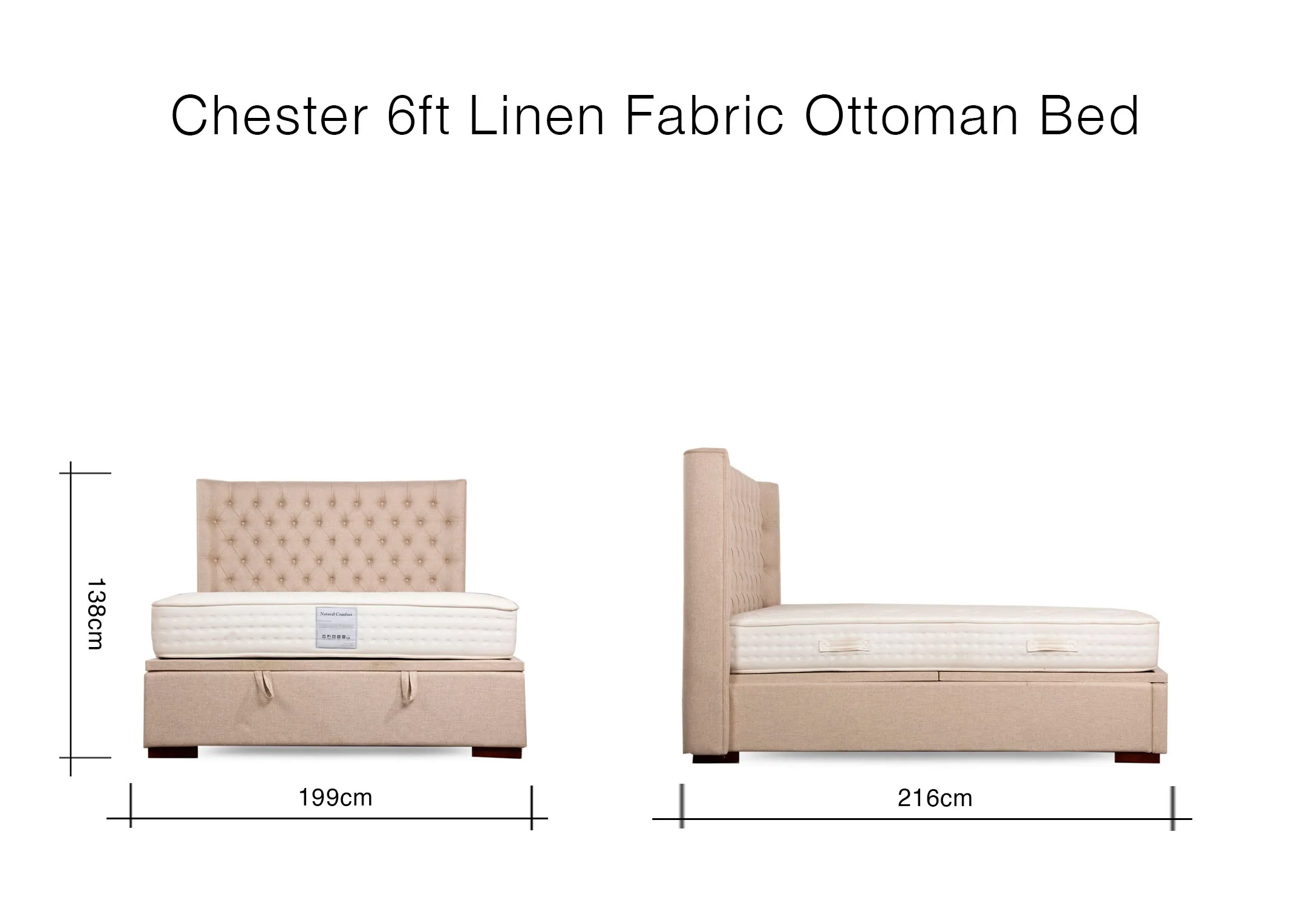 A dimension image of the Chester 6ft Ottoman with 199cm x 216cm x 138cm