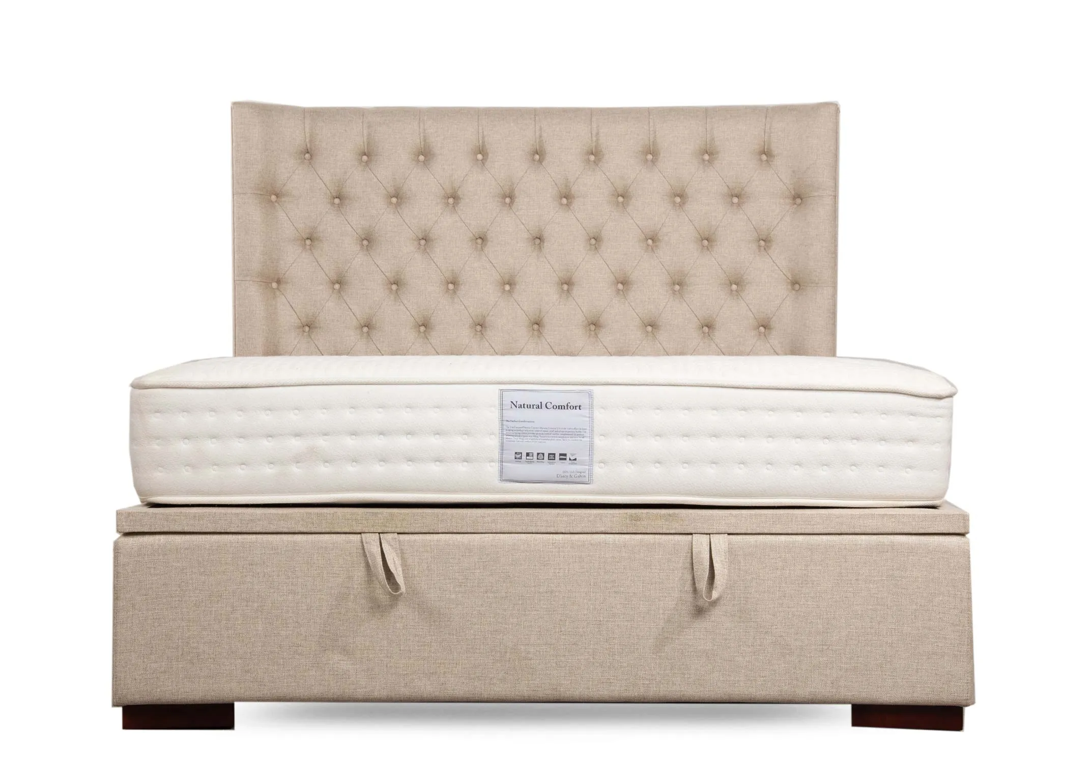 A 6ft super king size beige linen ottoman bed from EZ Livings Chester range. View of mattress