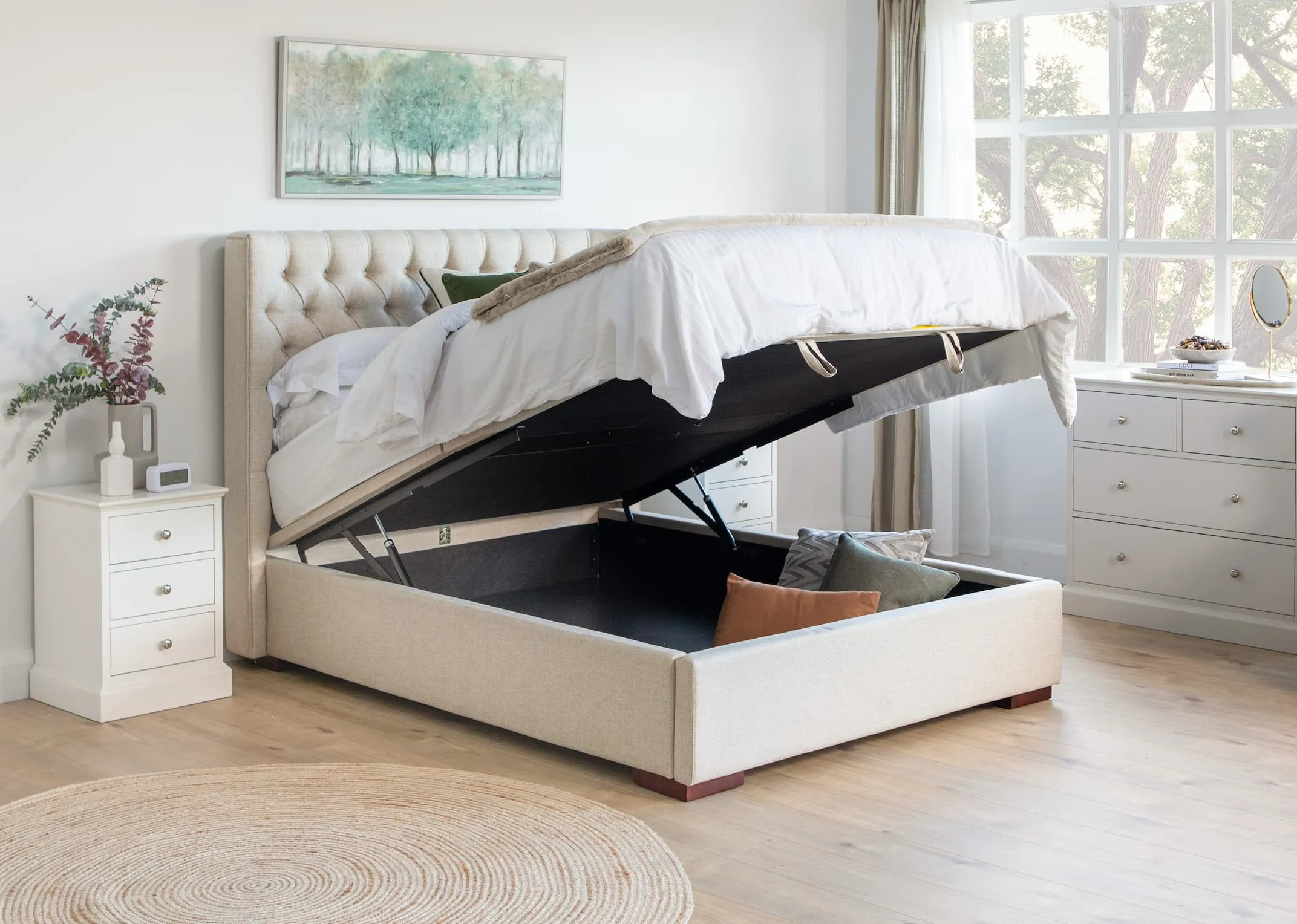 Super King (6ft) Beige Linen Ottoman Bed - Chester