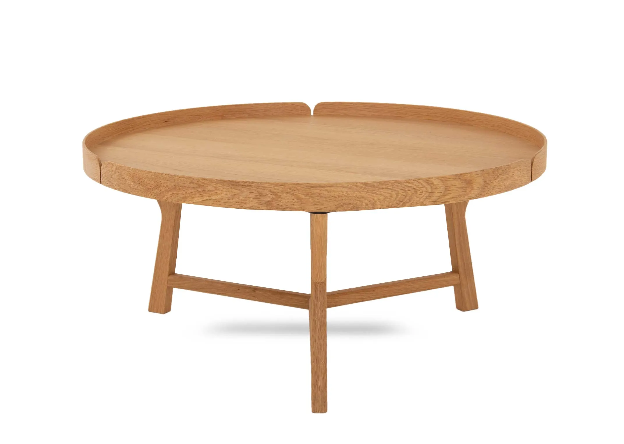 A round solid oak coffee tray table with tripod stand from EZ Livings Trieste range. Angled view of stand