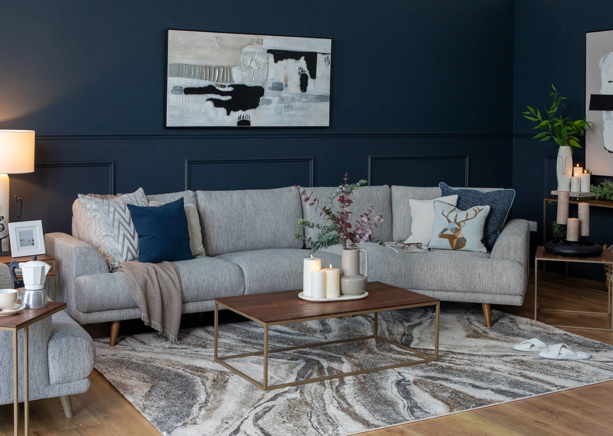 A lifestyle image of the Legend Corner Sofa with avanto rug and aston coffee table