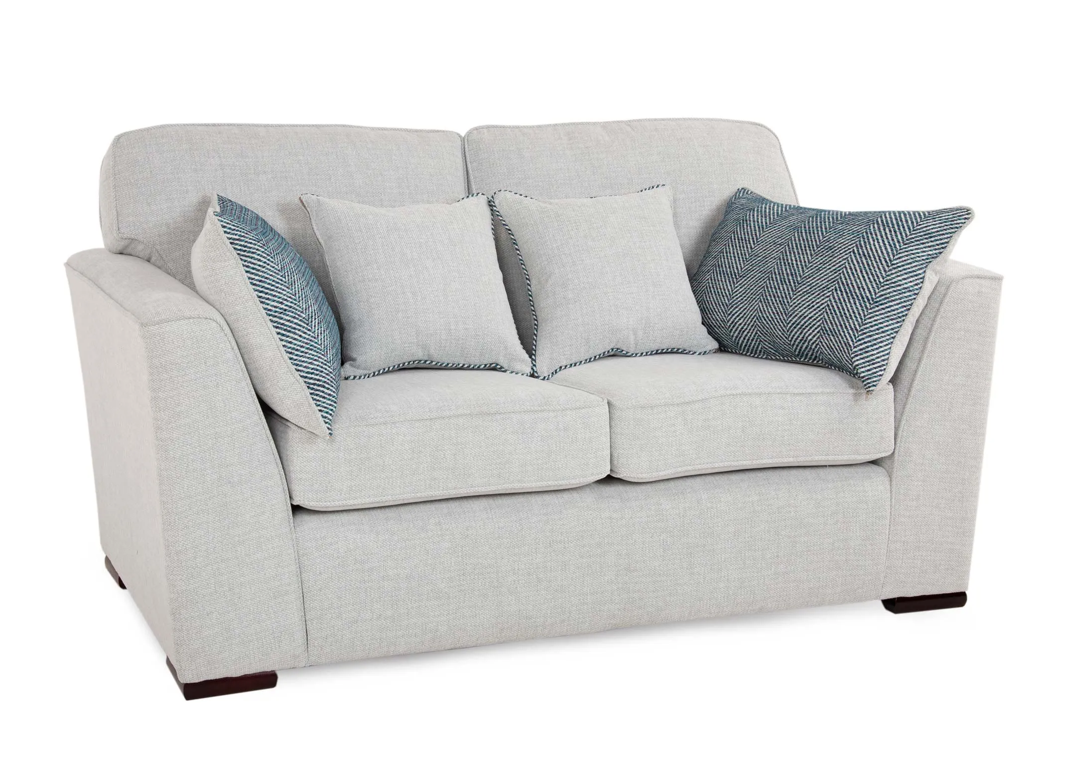 A grey fabric 2 seater highback with 4 scatter cushions from EZ Living Furnitures Sandrine. Angled view of sofa.