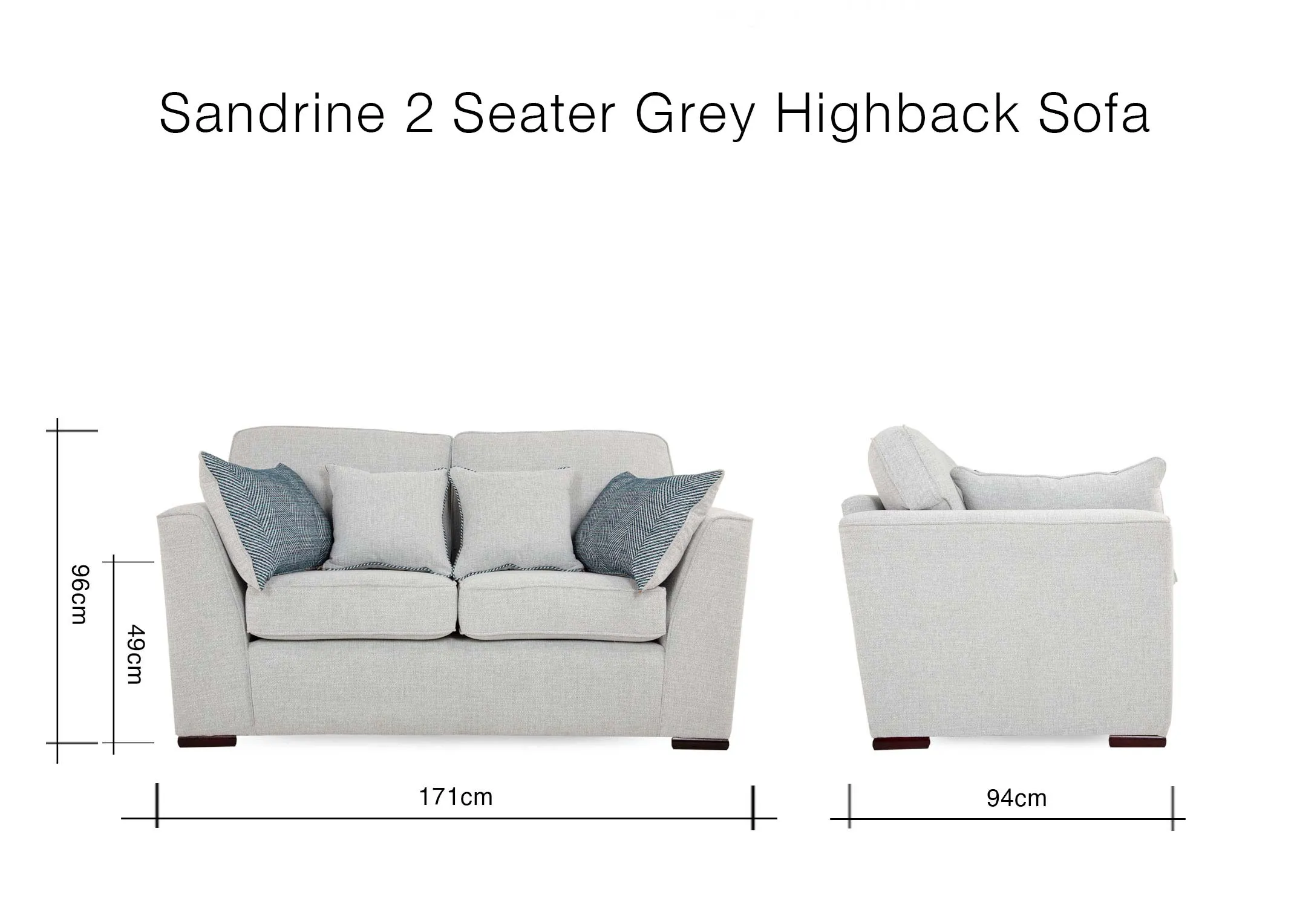 A dimension image of the Sandrine 2 seater with 171cm (Width) x 94cm (Depth) x 96cm (Height)