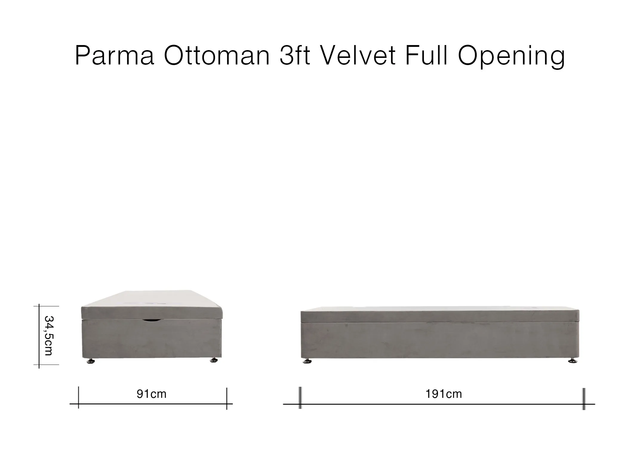 A dimension image of the Parma 3ft Ottoman with 91cm x 191cm x 34.5cm