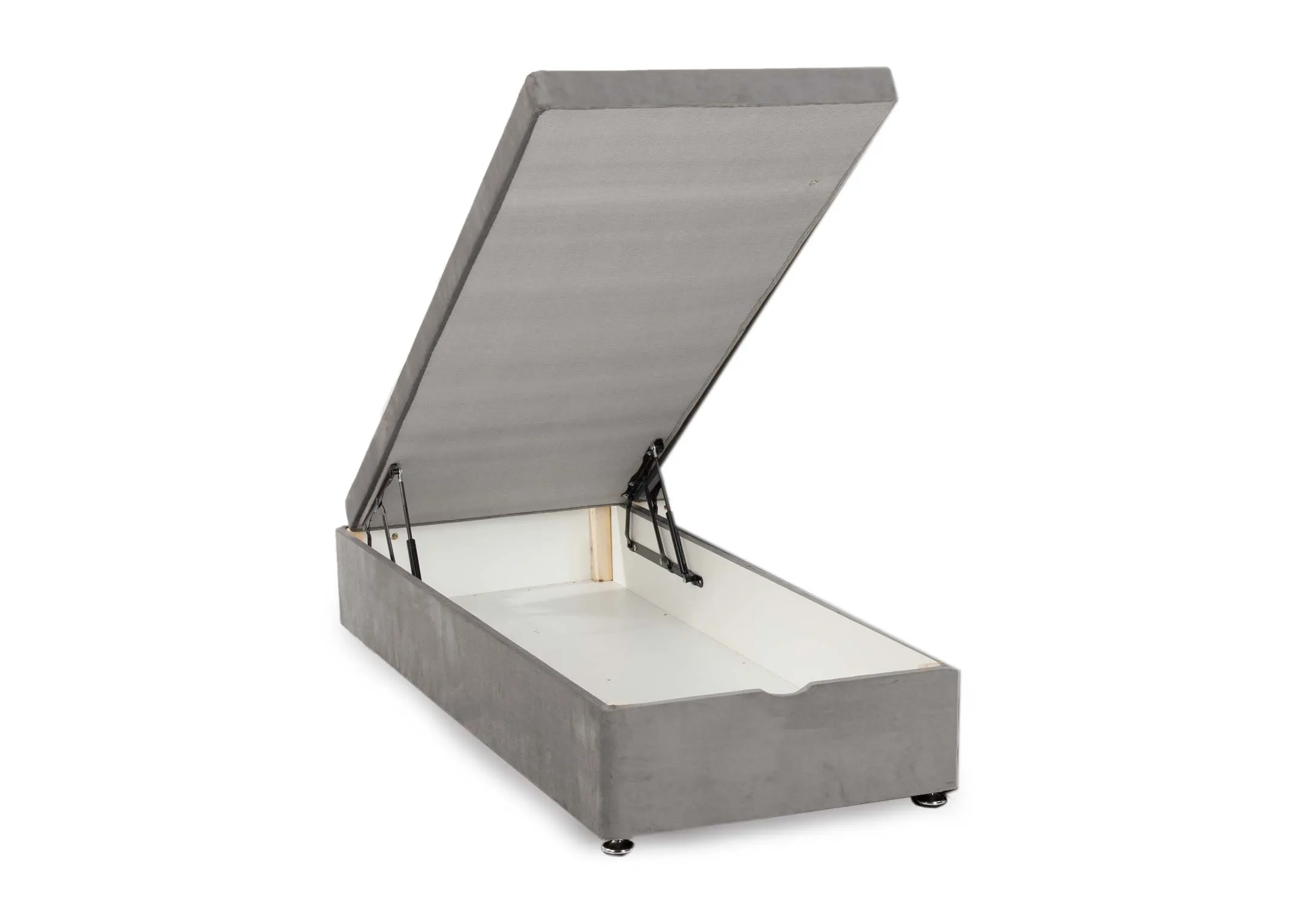 A 3ft grey fabric full opening ottoman bed from EZ Livings Parma range. Angled view of bed fully opened to reveal storage space.