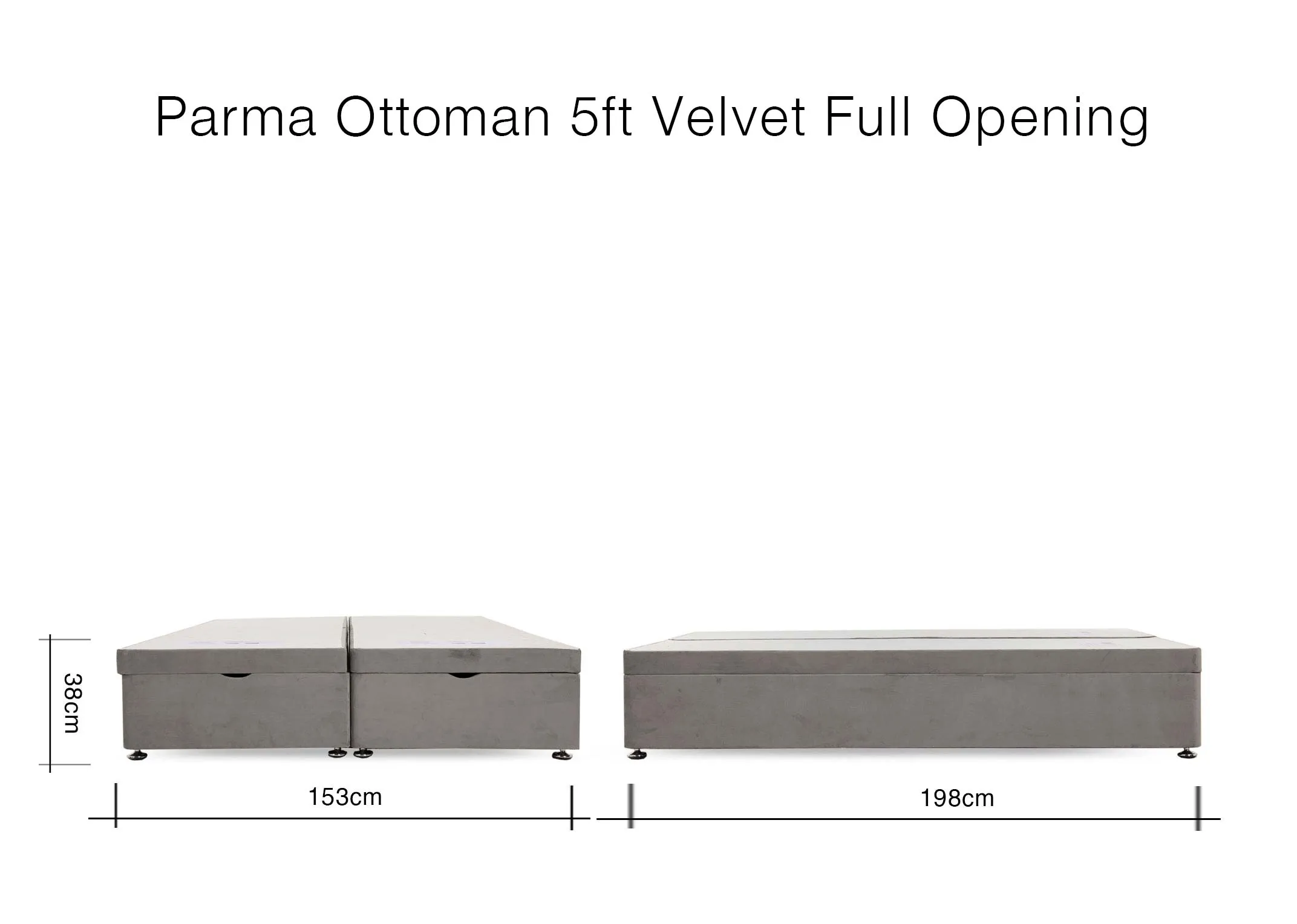 A dimension image of the Ottoman 5ft Velvet Bed with 153cm (Width) x 198cm (Length) x 34cm (Height)