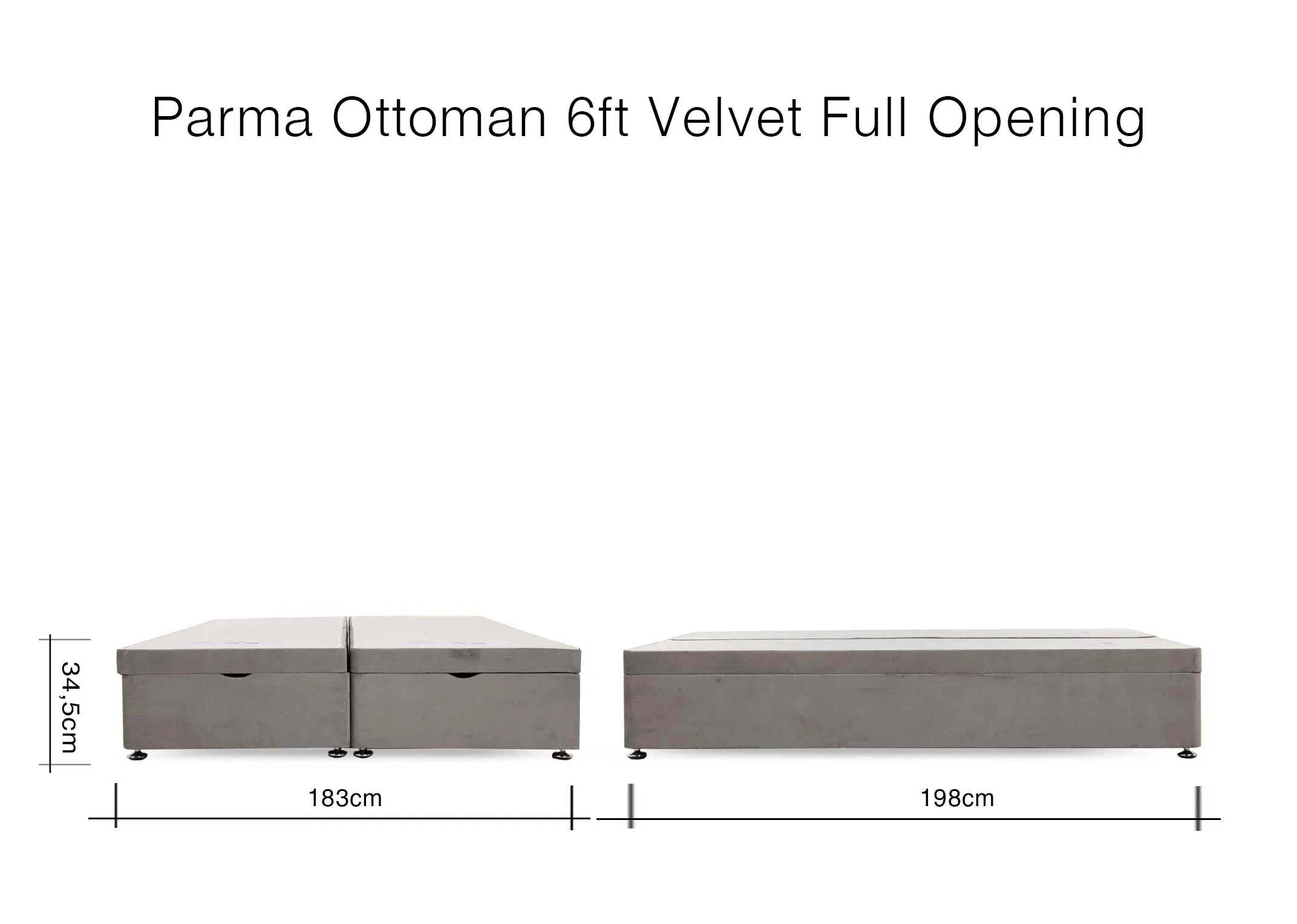 A dimension image of the Ottoman 6ft Velvet Bed with 183cm (Width) x 198cm (Length) x 34.5cm (Height)