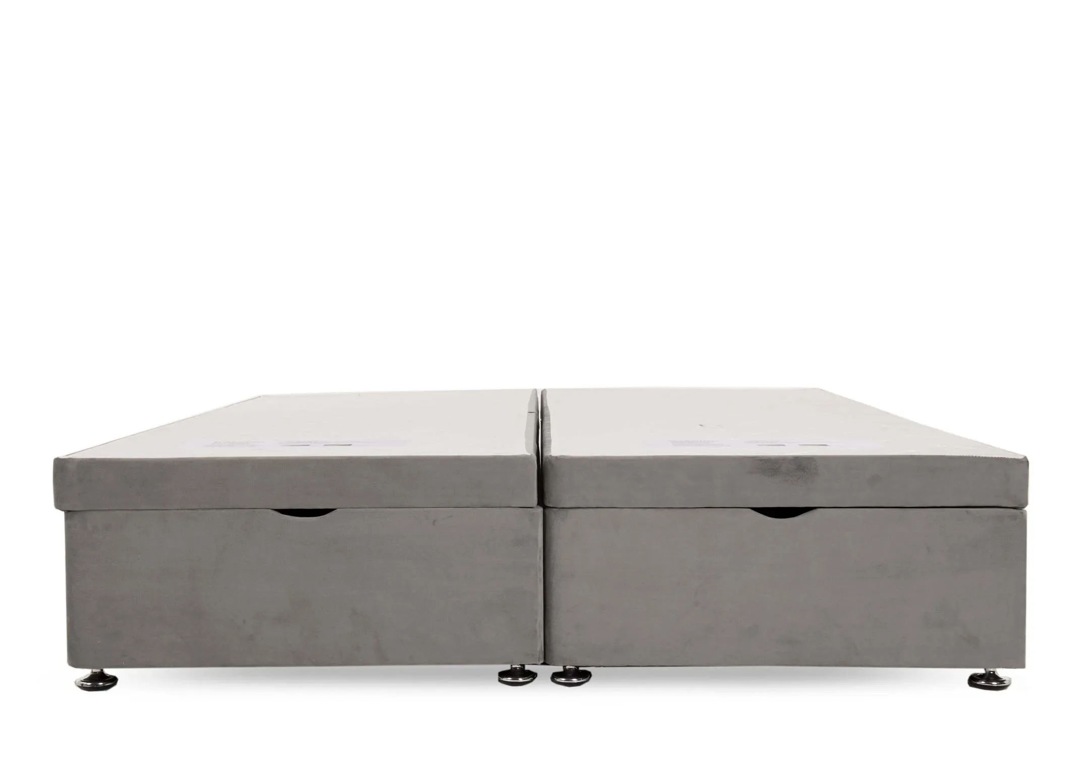 A 5ft grey velvet ottoman bed from EZ Living Furnitures Bed range. View from end of bed showing easy lift handles to access 