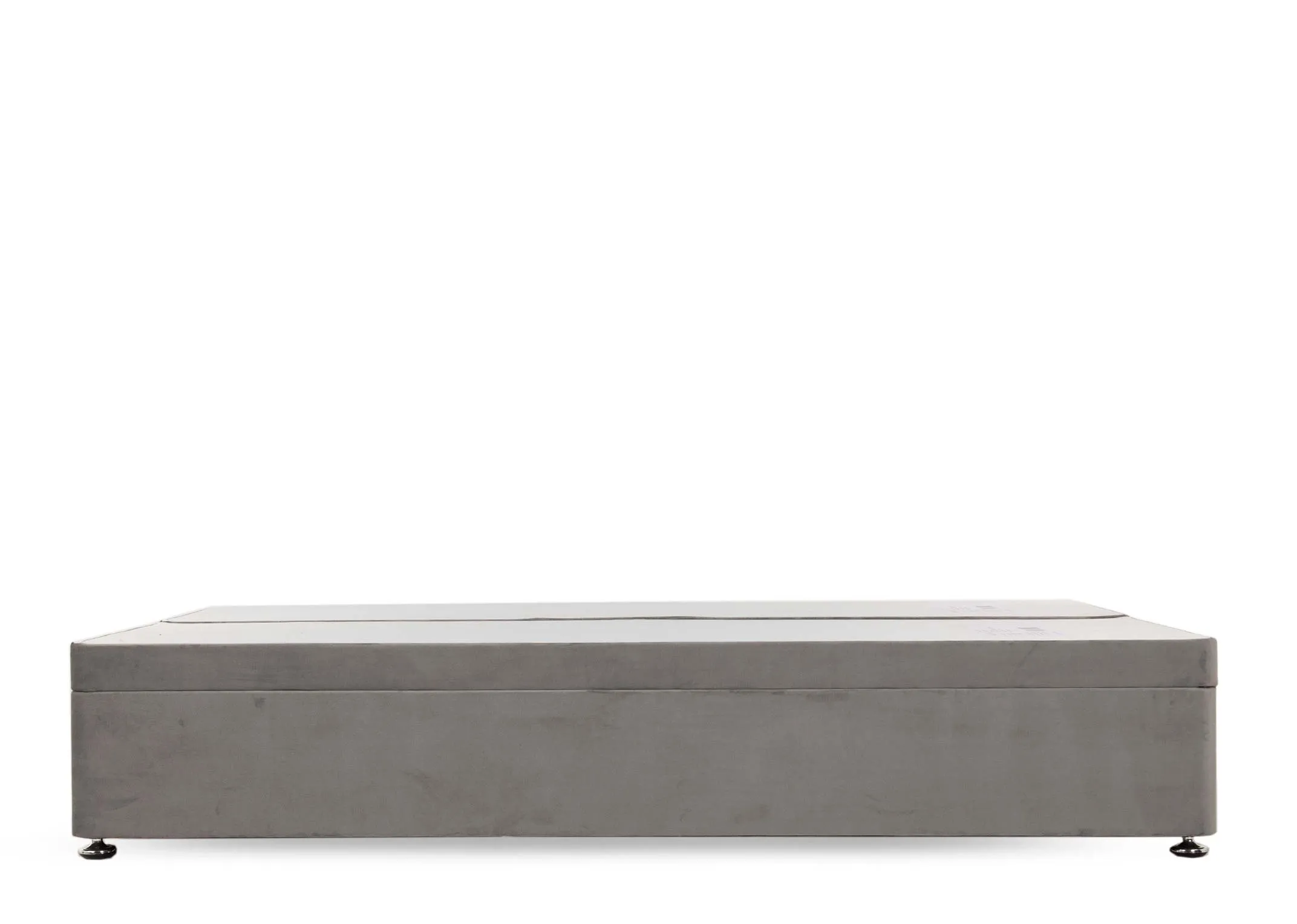 A 5ft grey velvet ottoman bed from EZ Living Furnitures Bed range. Side view of castors