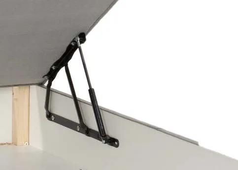 A 5ft grey velvet ottoman bed from EZ Living Furnitures Bed range. Closeup of black spring hinges