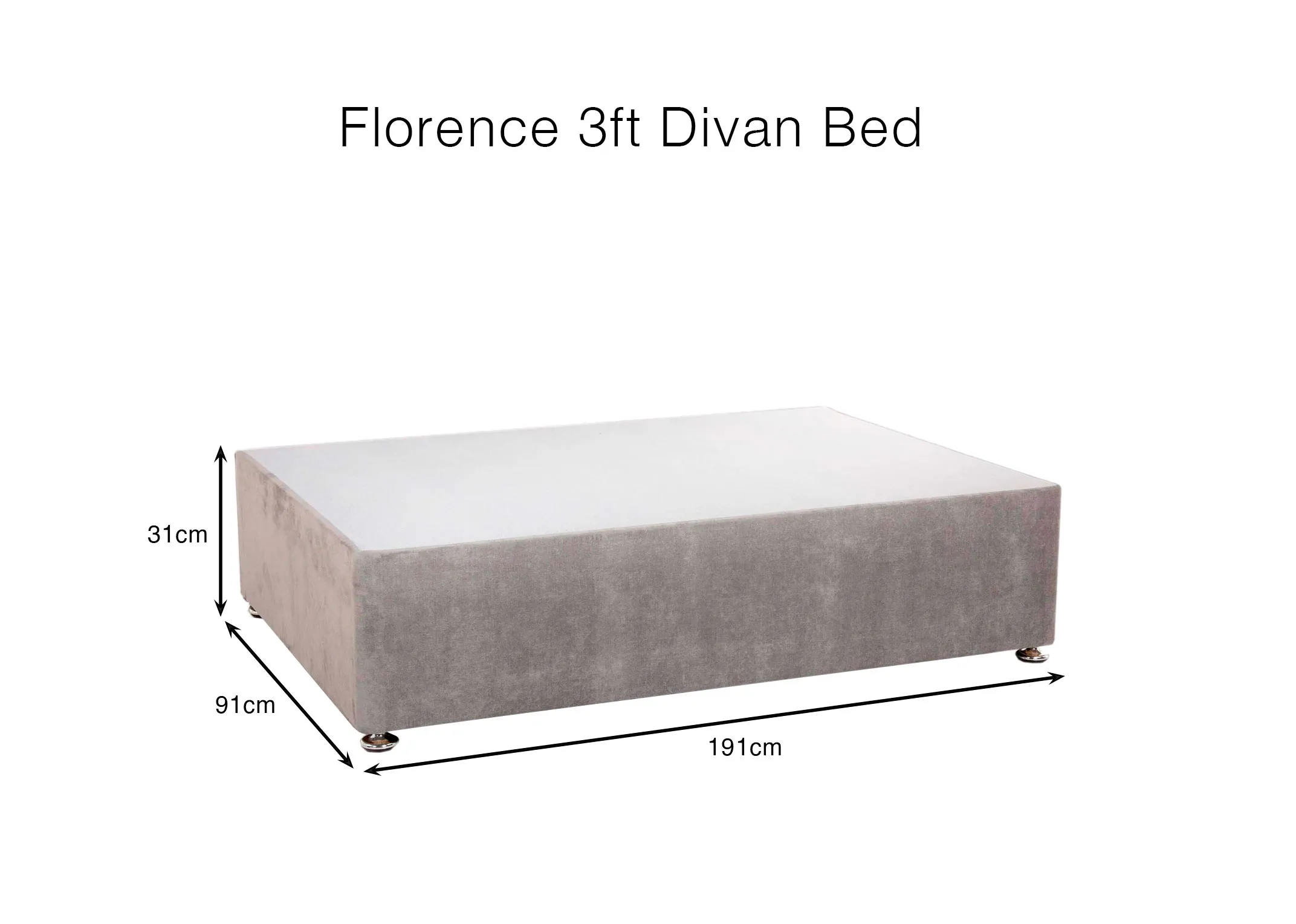 A dimension image of the Florence 3ft Divan bed with 191cm x 91cm x 31cm