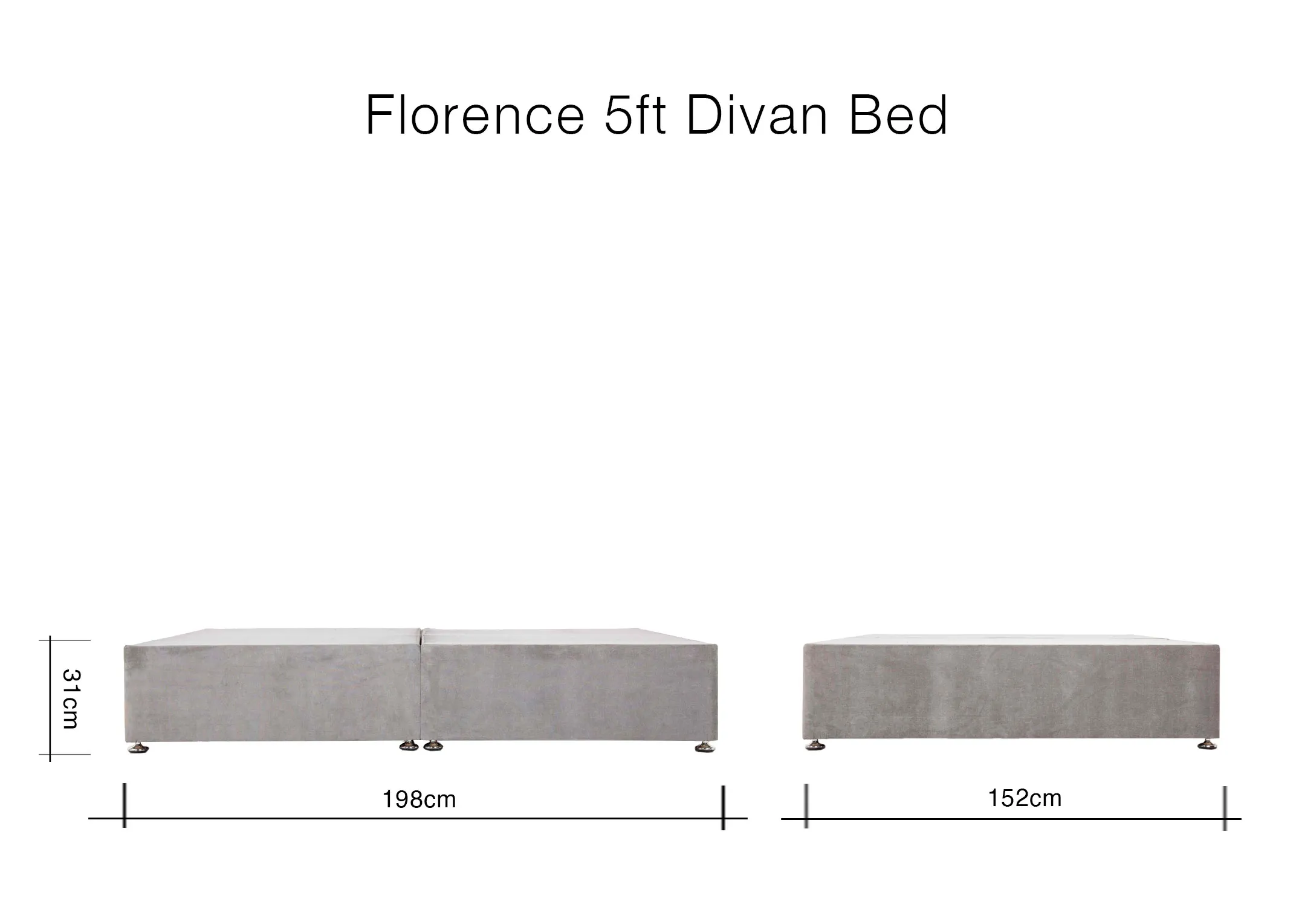 A dimension image of the Florence 5ft Bed with 198cm x 152cm x 31cm
