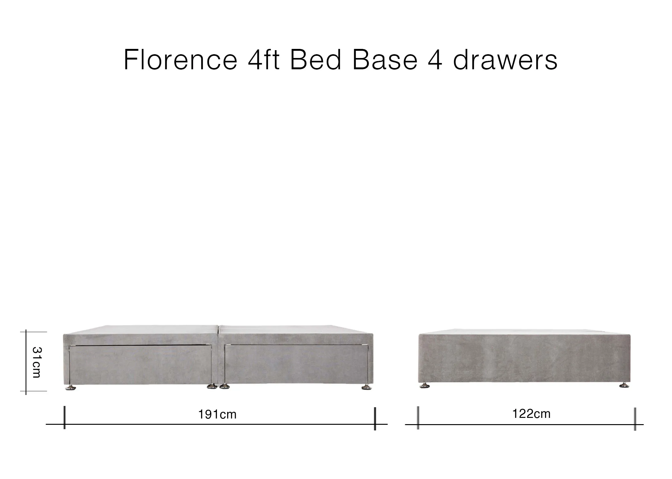 A dimension image of the 4ft Bed with 4 drawers with 122cm W x 191cm L x 31cm H