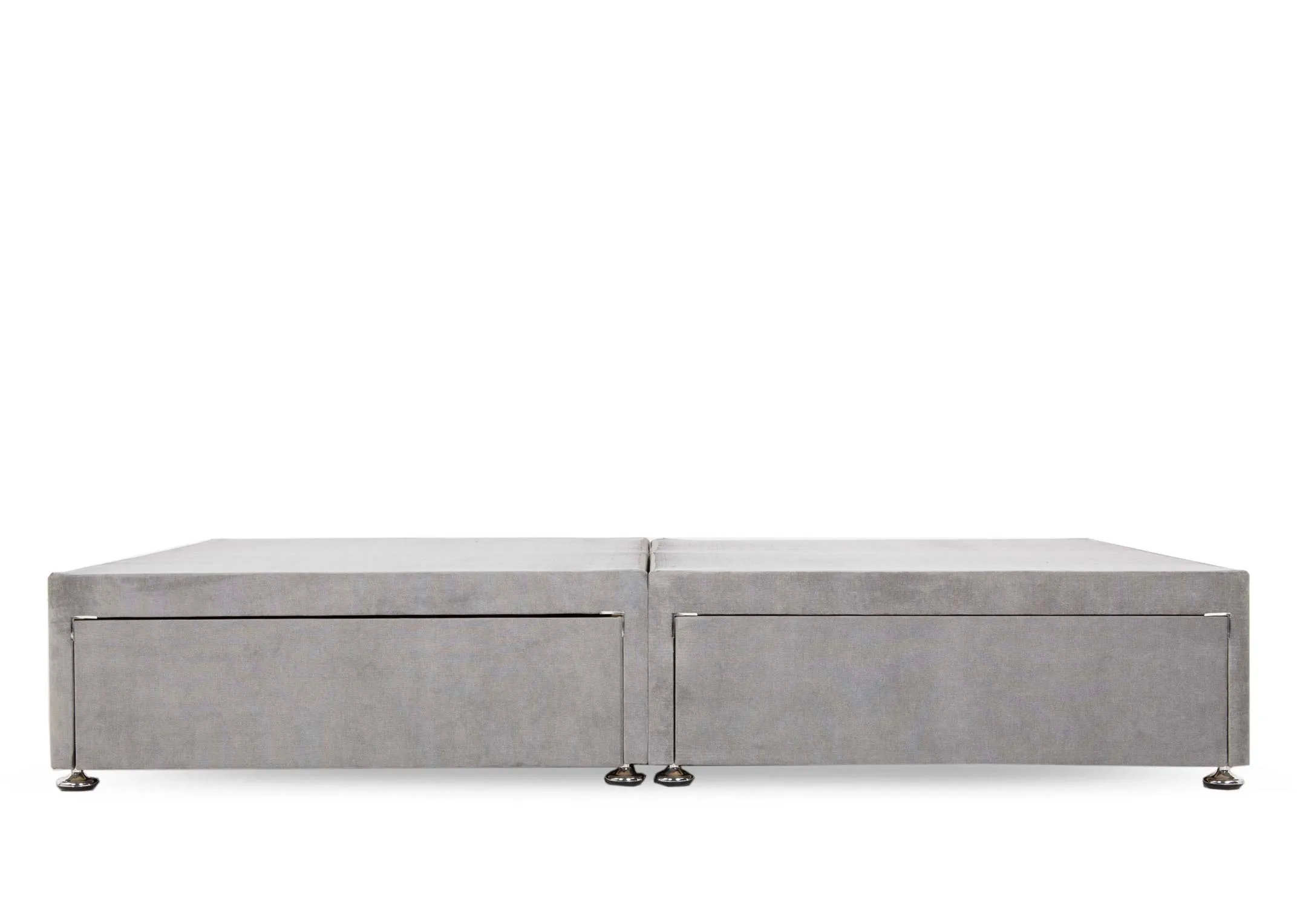 A grey fabric 4ft divan base with hidden storage from EZ Livings Florence range. Front view of closed drawers