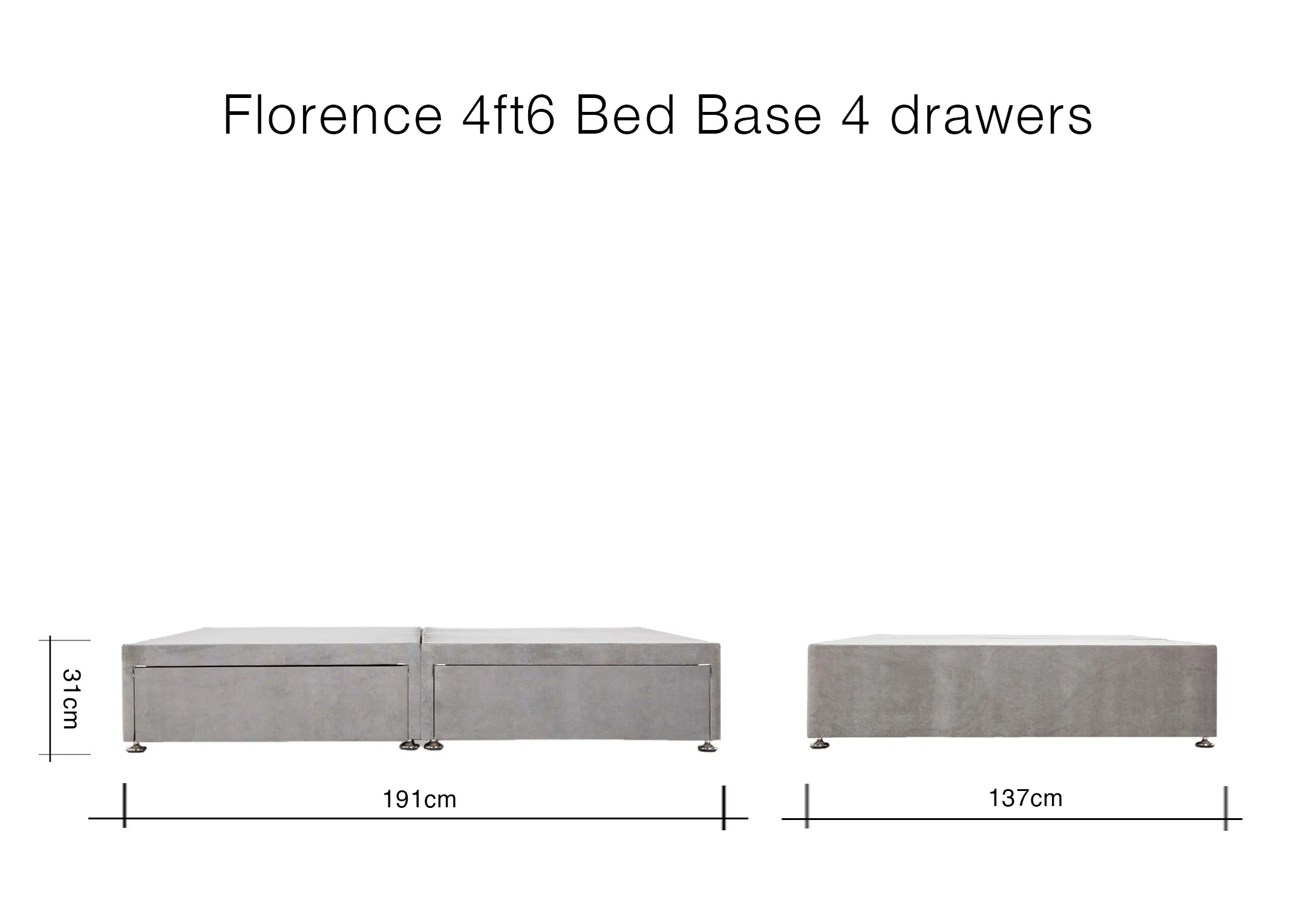 A dimension image of the Florence 4ft6 Bed with 4 drawers with 191cm x 137cm x 31cm