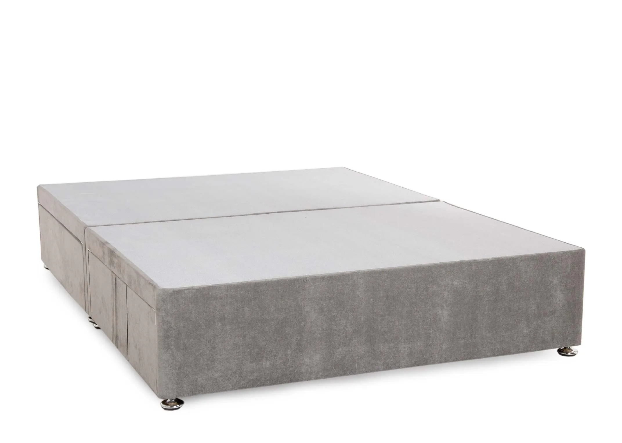 A grey fabric 4ft6 divan base with hidden storage from EZ Livings Florence range. Angled view drawers closed