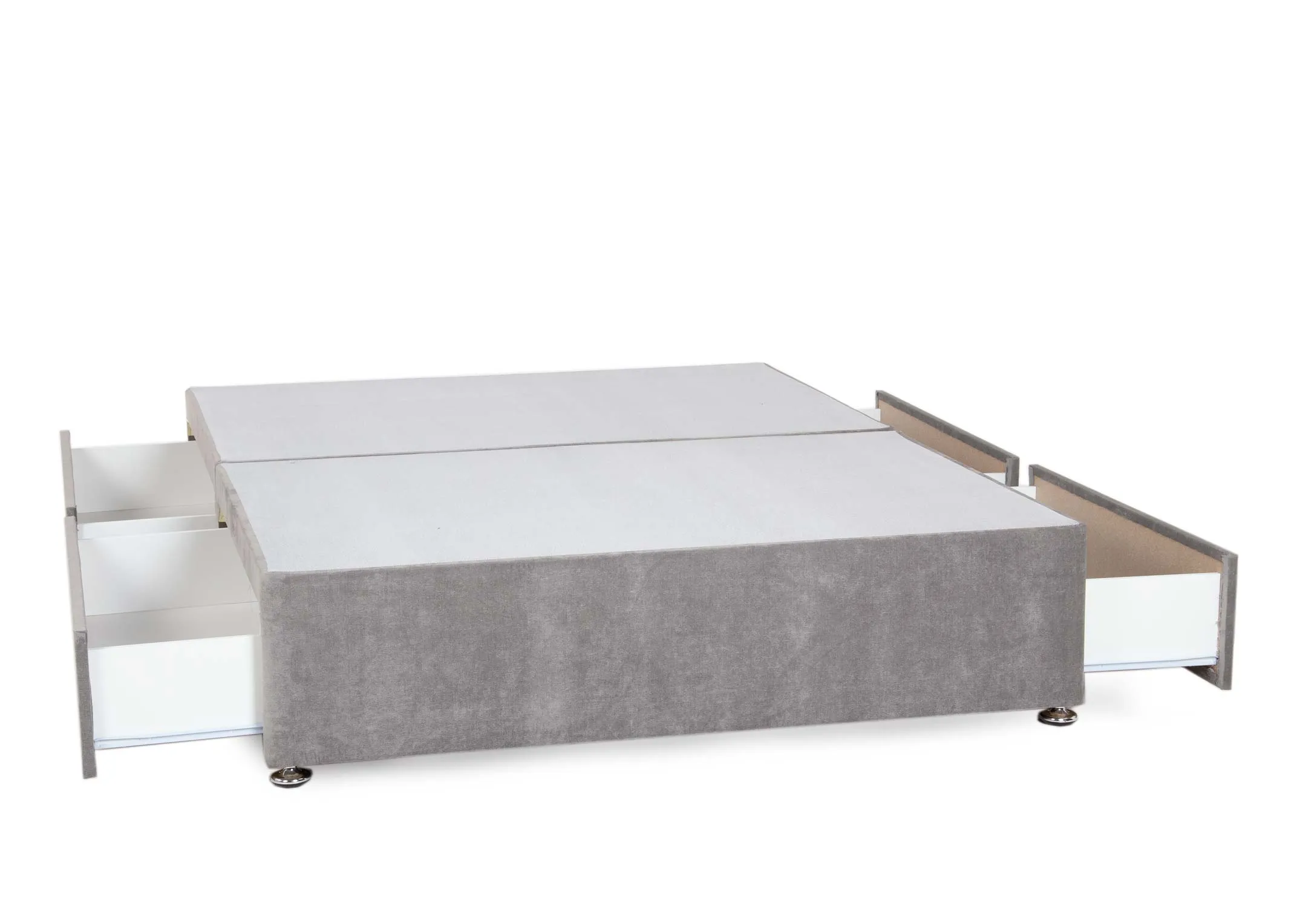 A grey fabric 4ft6 divan base with hidden storage from EZ Livings Florence range. Angled view drawers open