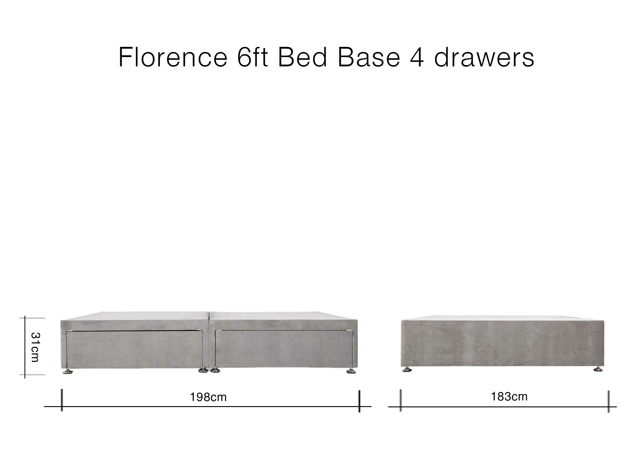 A dimension image of the Florence 6ft Bed with 4 drawers with 198cm x 183cm x 31cm
