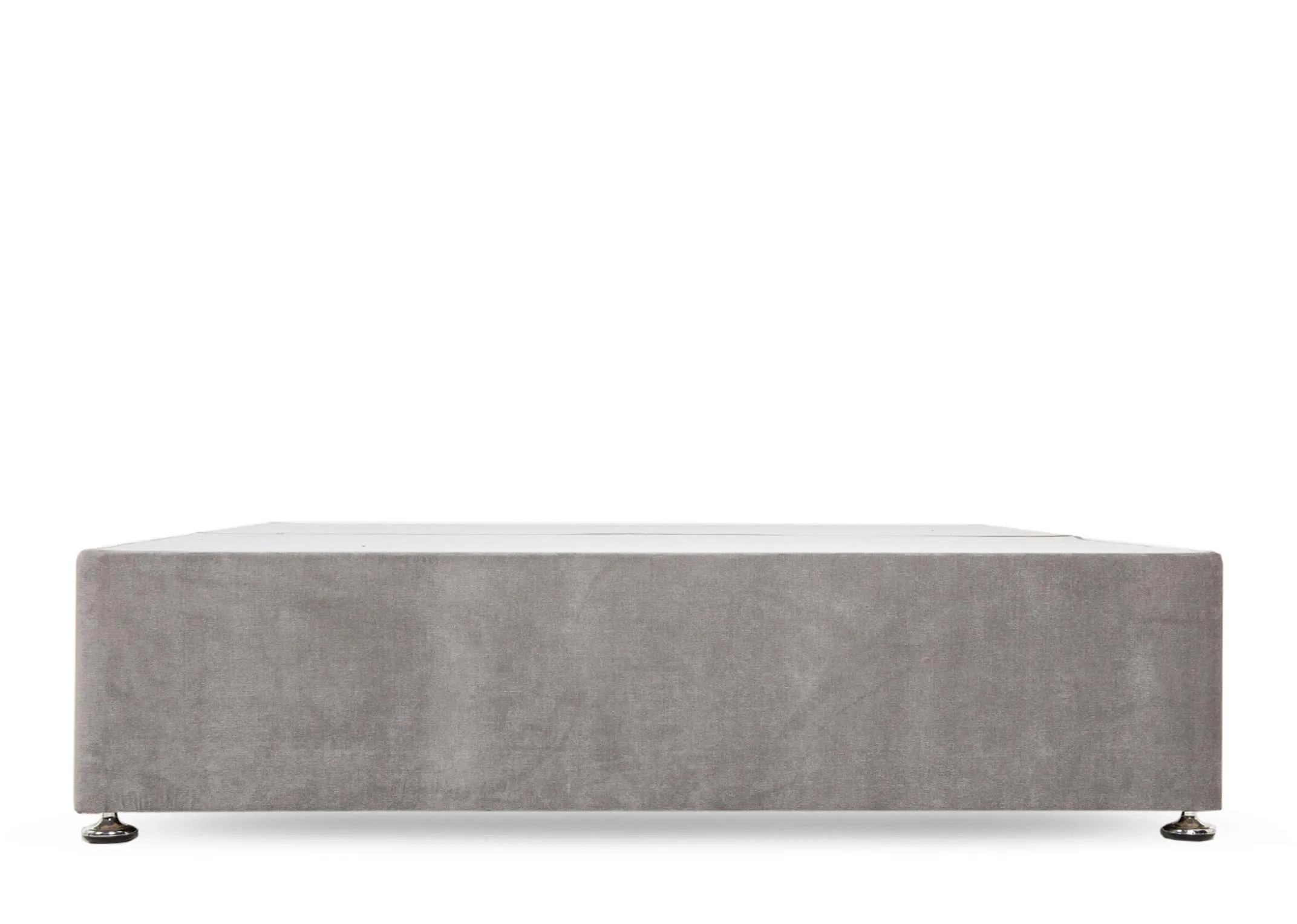 A grey fabric 6ft divan base with hidden storage from EZ Livings Florence range. Front view of bed with 2 drawers closed