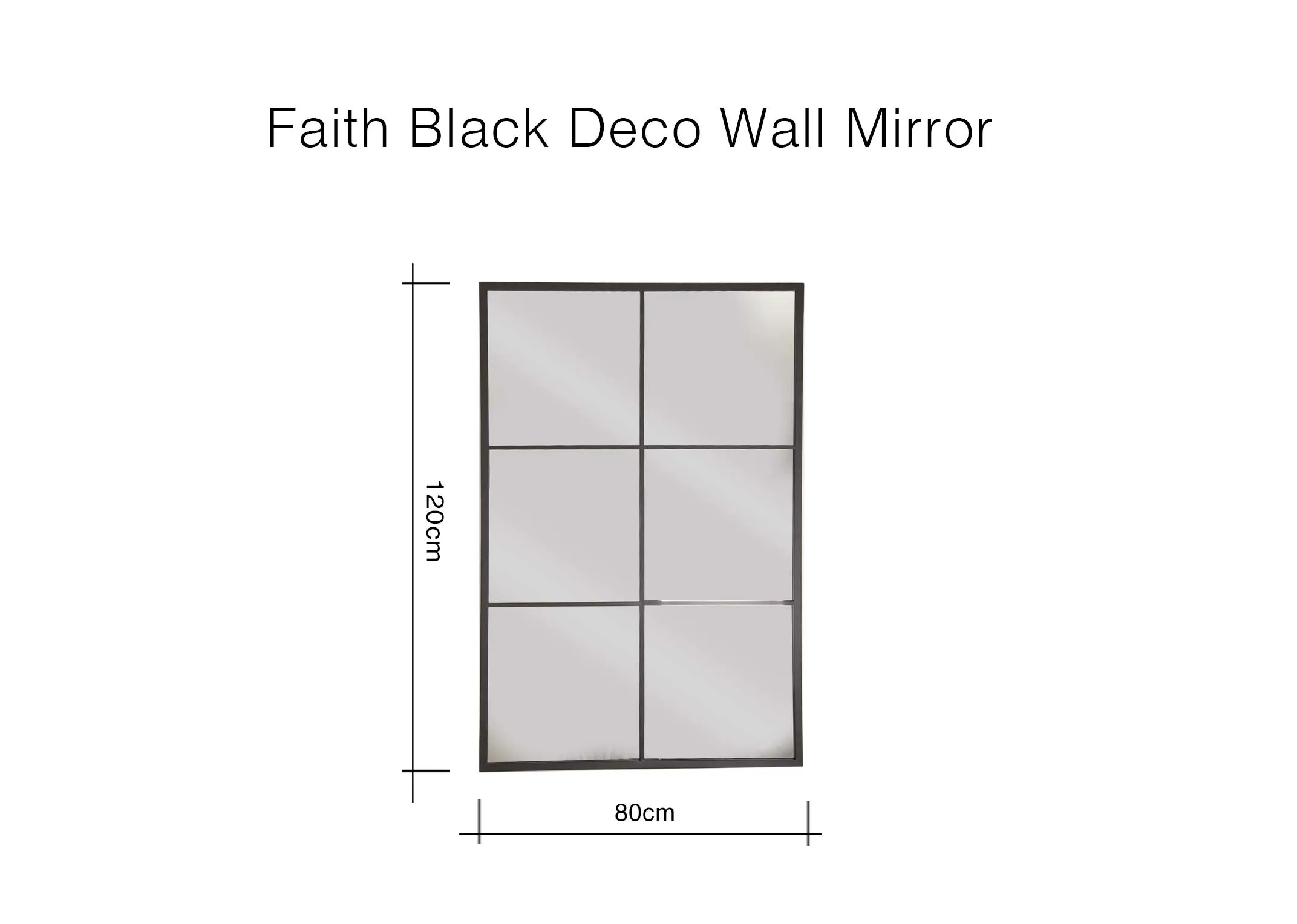 A dimension image for the Faith Black Deco Mirror with 80cm x 120cm
