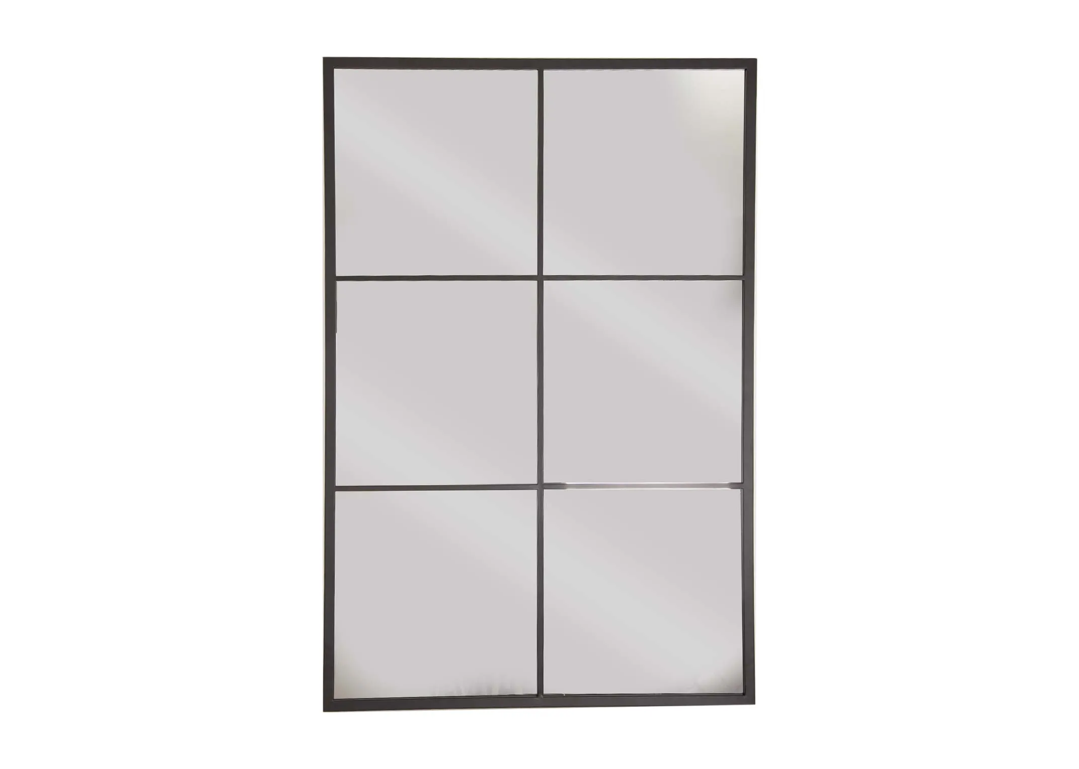 A rectangular black frame window mirror with 6 square panels from EZ Livings Faith range. Front view