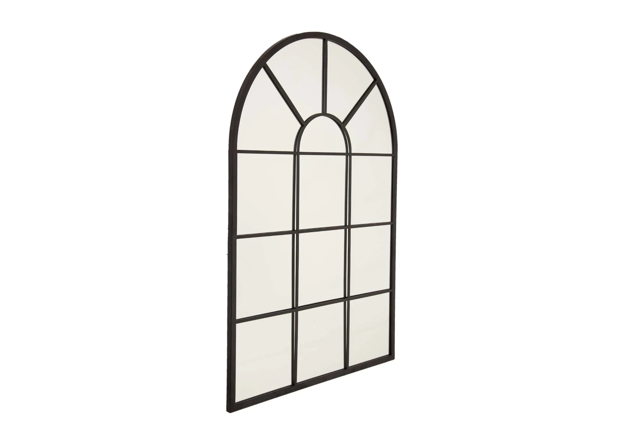 An arched black framed window mirror from EZ Livings Bella range Angled view of black frame