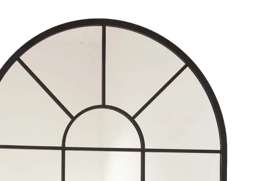 An arched black framed window mirror from EZ Livings Bella range. Closeup of arch panels