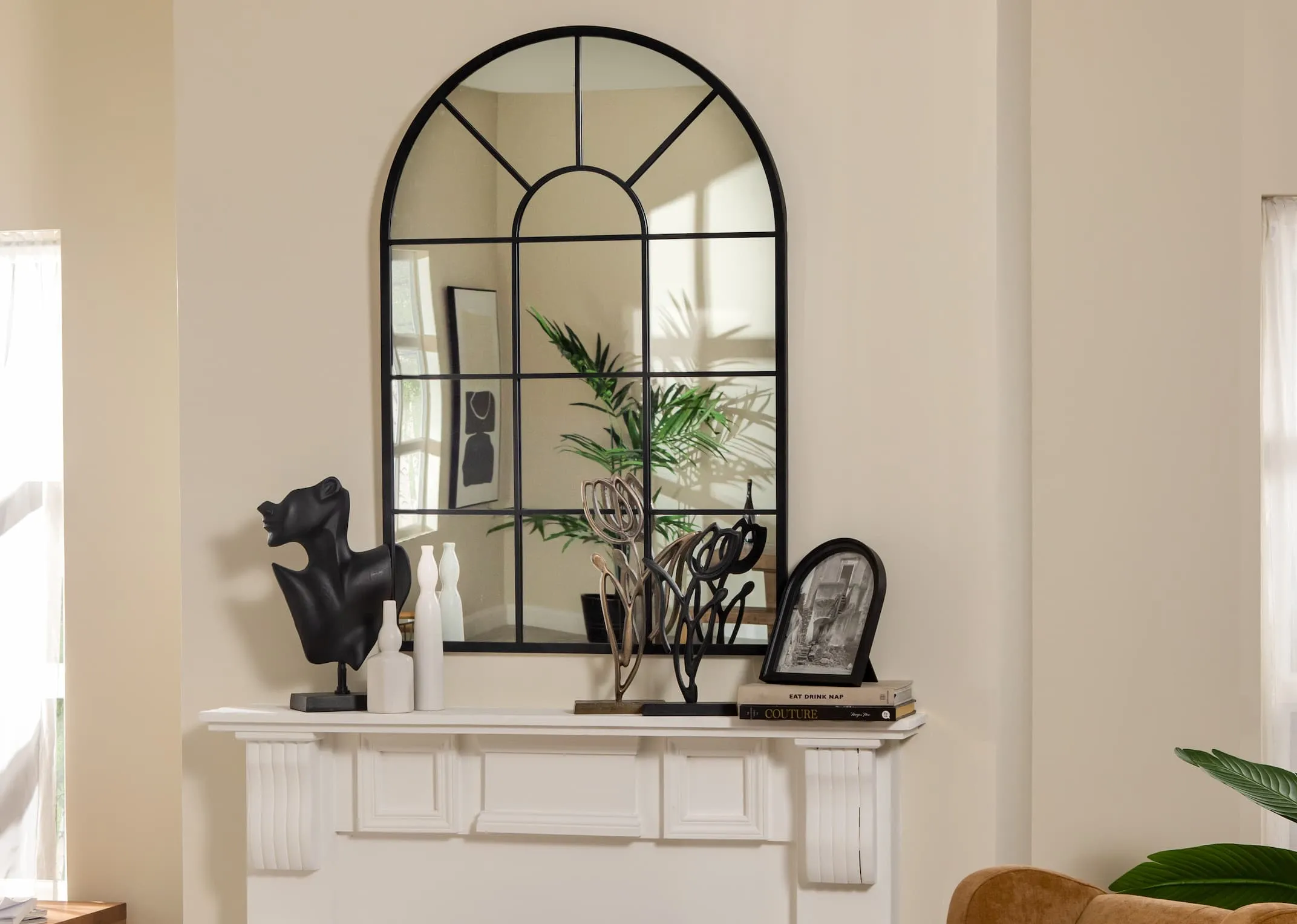 120cm x 80cm Black Arch Window Mirror - Bella