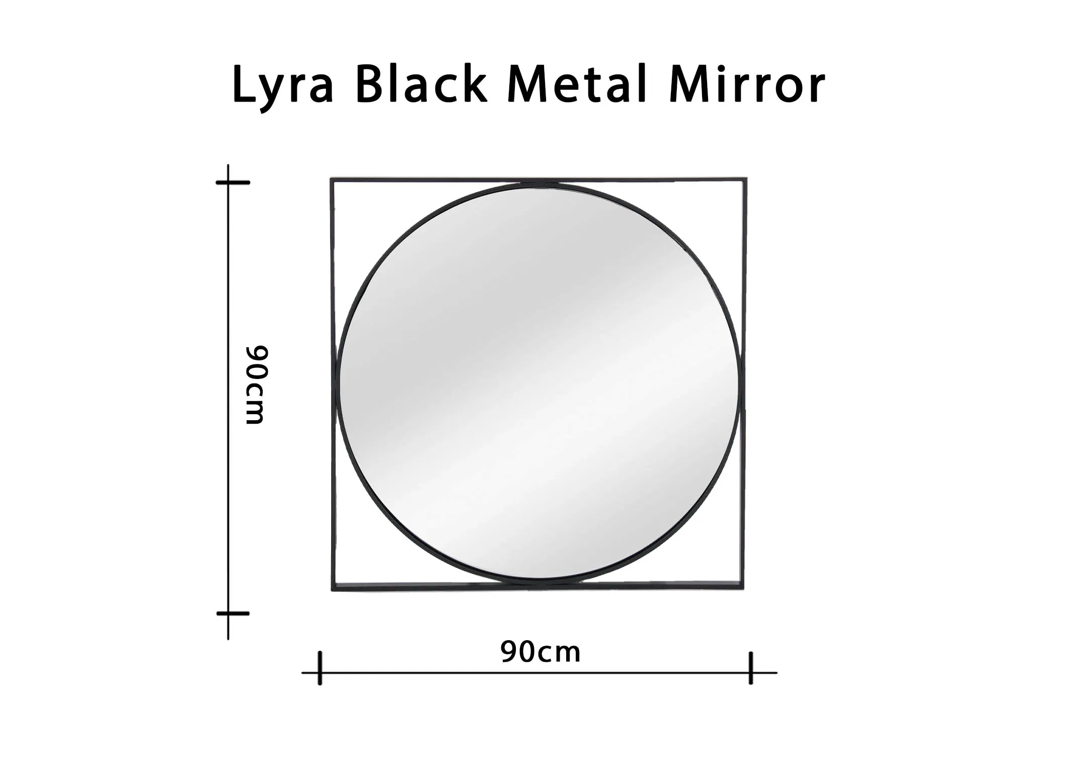 A dimension image of the Lyra Black mirror with 90cm x 90cm