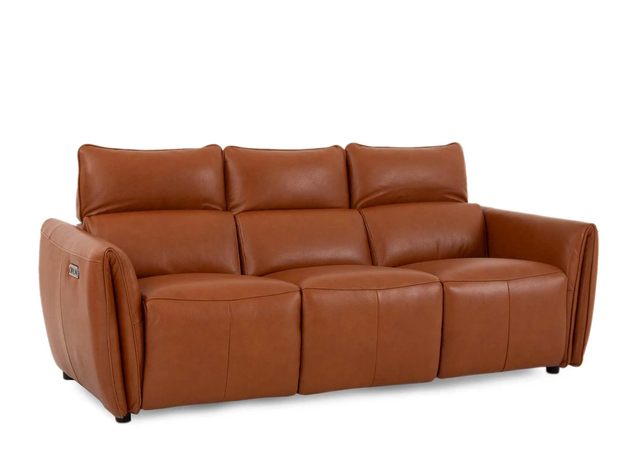 A tan leather 3 seater power reclining sofa from EZ Livings Icon range. Angled view of sofa in fixed mode.