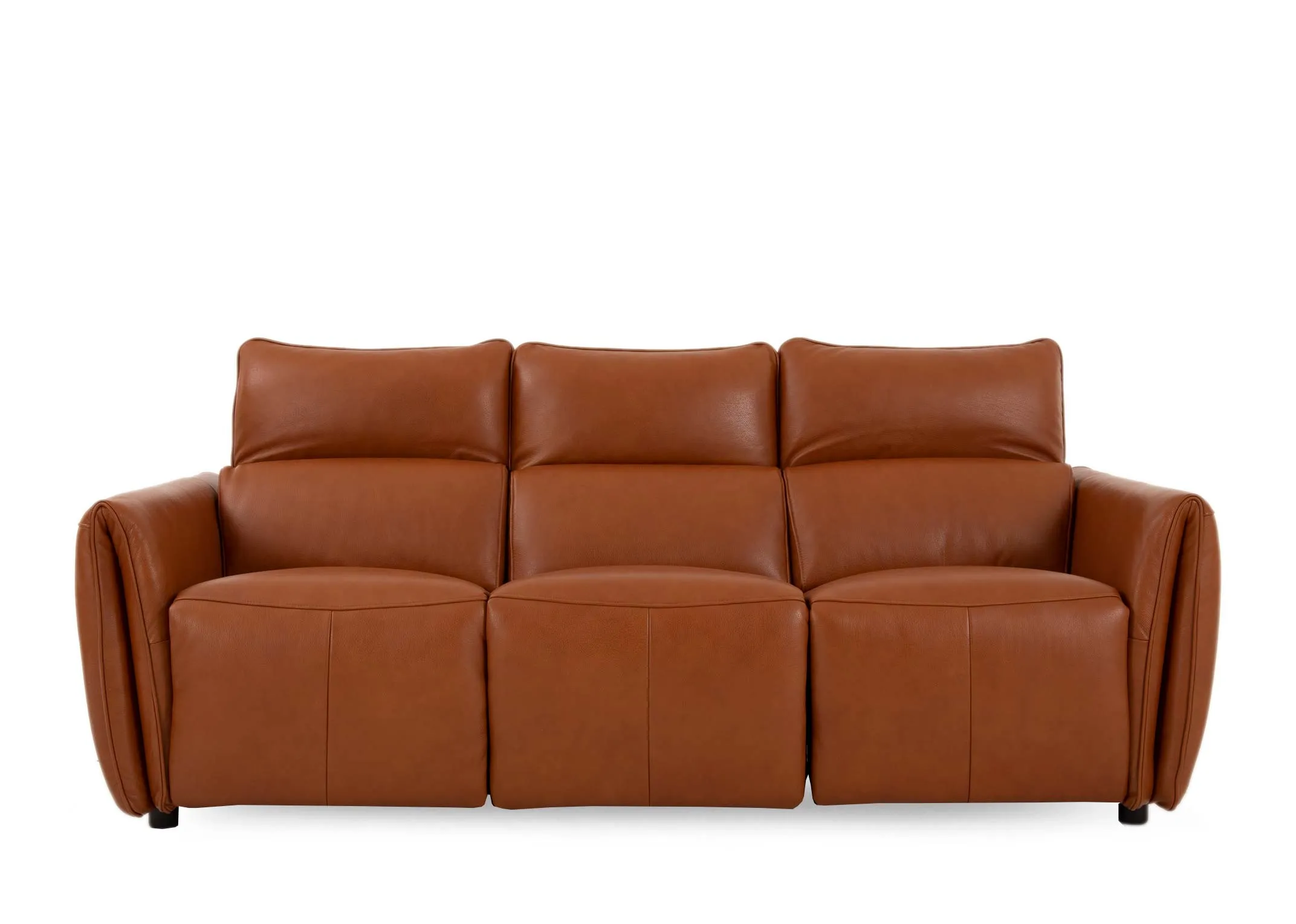 A tan leather 3 seater power reclining sofa from EZ Livings Icon range. Front view of sofa fixed showing leather finish